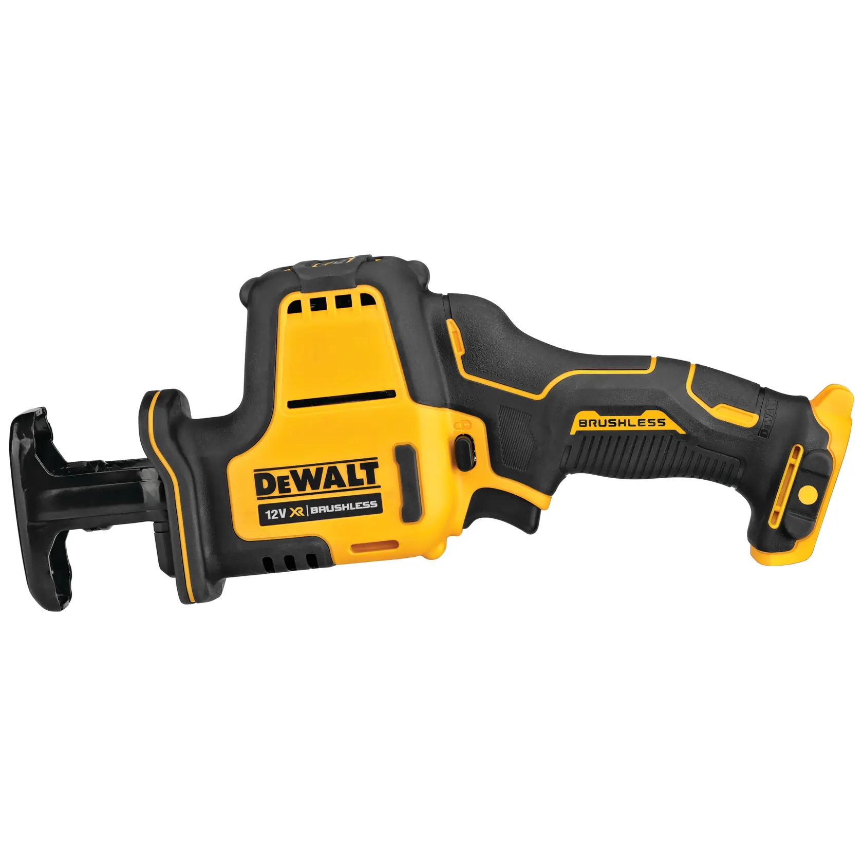 Sierra recíproca inalámbrica DEWALT DCS312N, 12V brushless, negra y amarilla, para cortar.