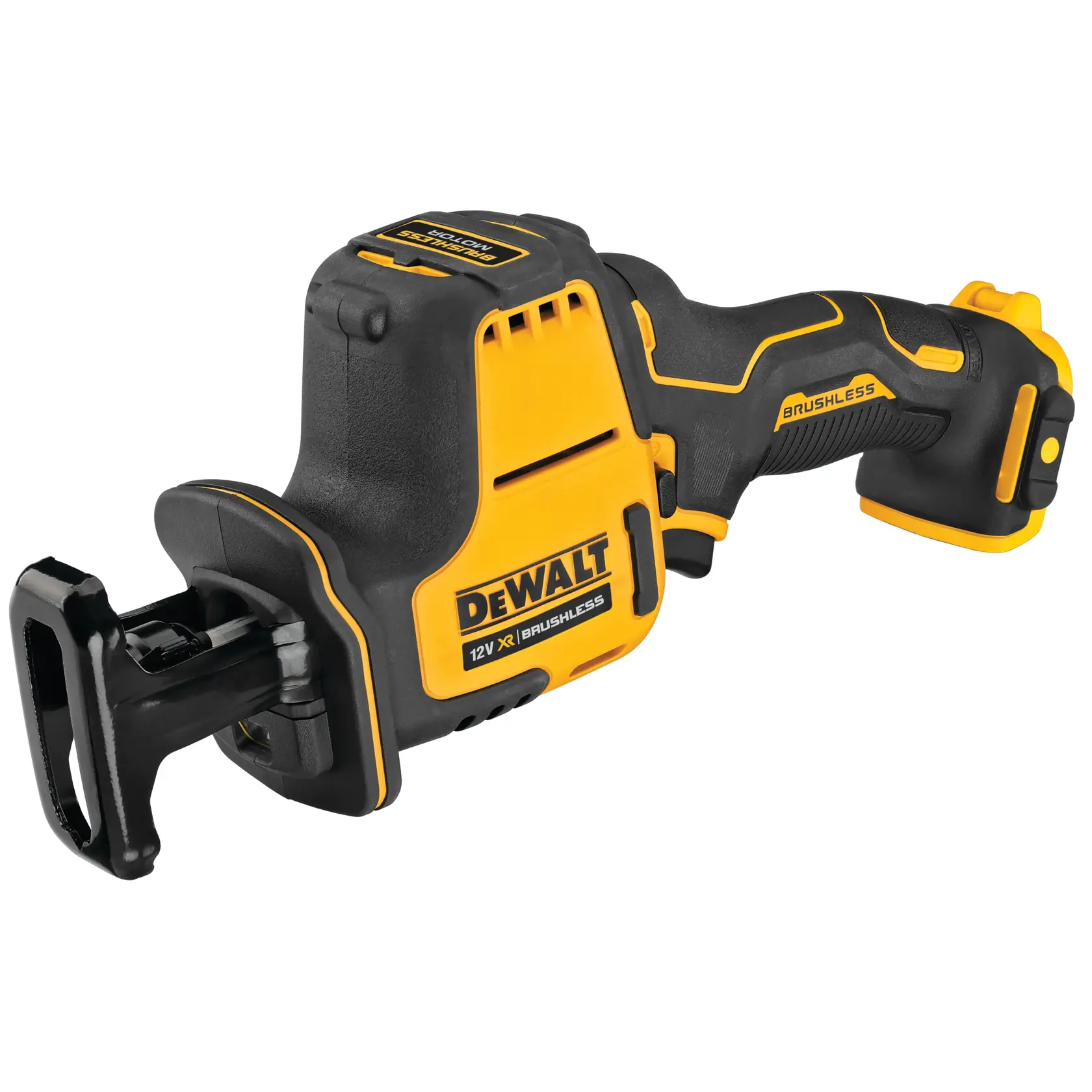 Sierra recíproca DEWALT 12V sin cable, brushless, amarilla y negra, sin hoja ni batería visible.
