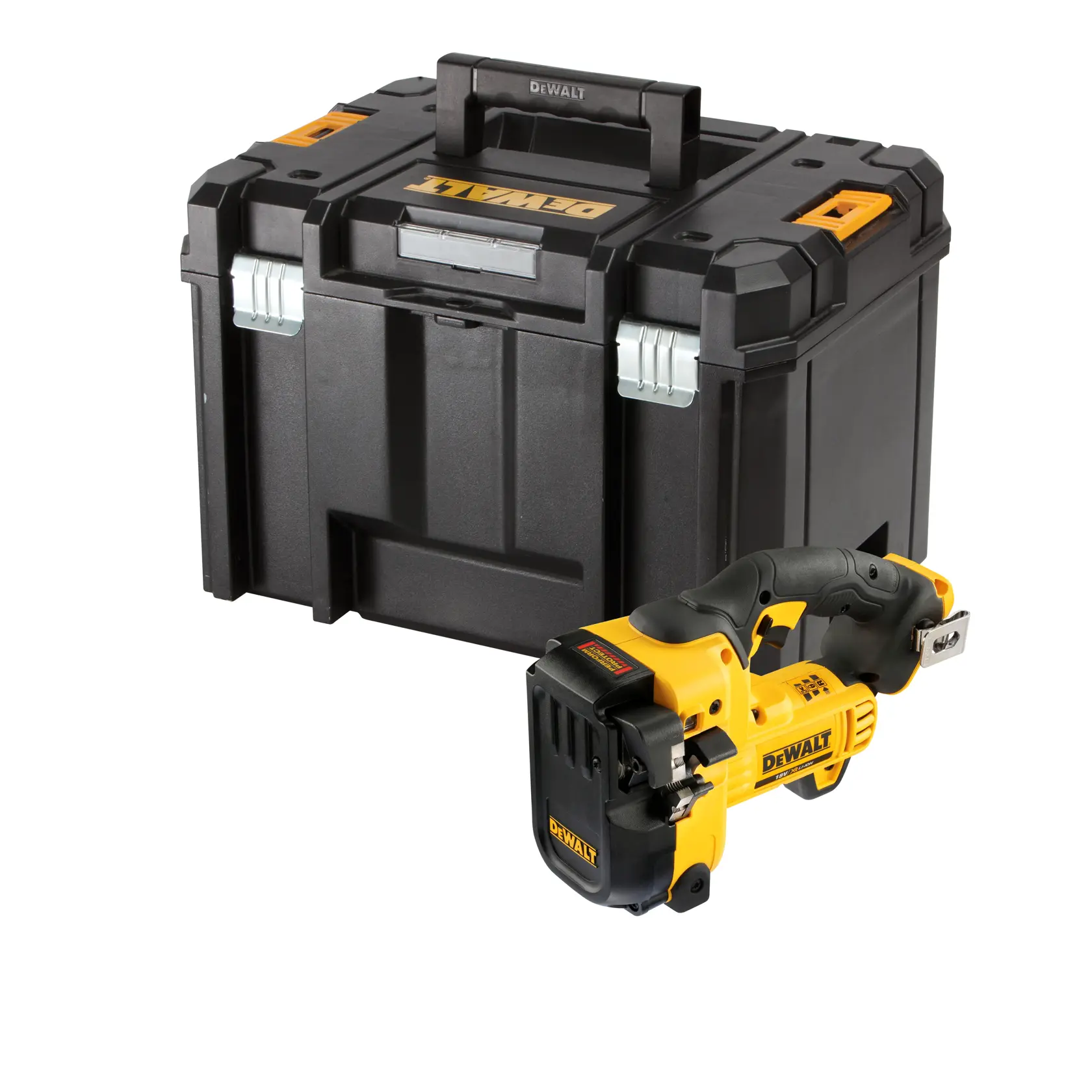 DEWALT Akku-Werkzeug und schwarze Transportbox auf weißem Hintergrund.