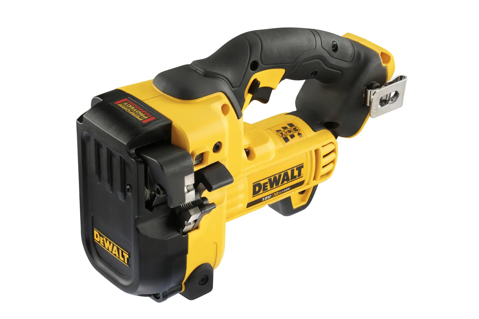 DEWALT DCS350NT gelbes kabelloses Schneidwerkzeug, vor weißem Hintergrund gezeigt.