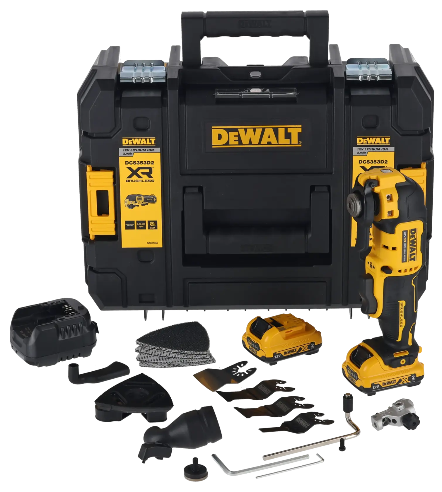 DEWALT DCS353D2 Akku-Oszillierendes Multitool-Kit mit bürstenlosem Motor, bestehend aus einem schwarz-gelben Transportkoffer, Werkzeug, zwei Akkus, Ladegerät, Schleifpads, Klingen und verschiedenen Zubehörteilen.
