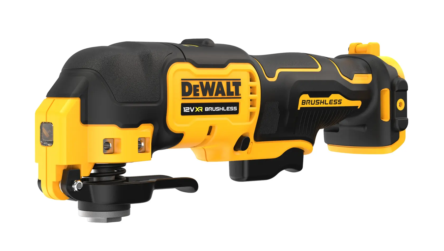 DEWALT 12V XR bürstenloses oszillierendes Werkzeug, gelb-schwarz, auf weißem Hintergrund.
