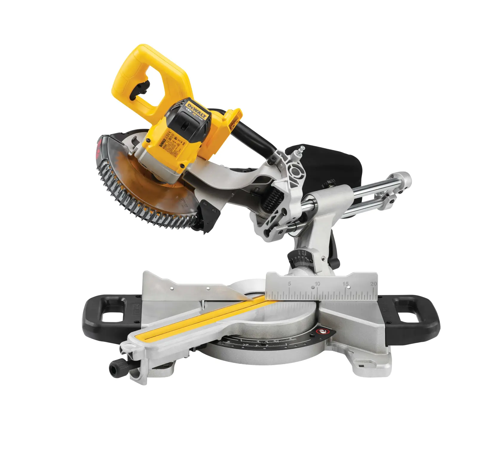 DEWALT DCS365N Akku-Kappsäge mit gelbem Griff, Klingenschutz und verstellbarem Sockel für präzises Schneiden.