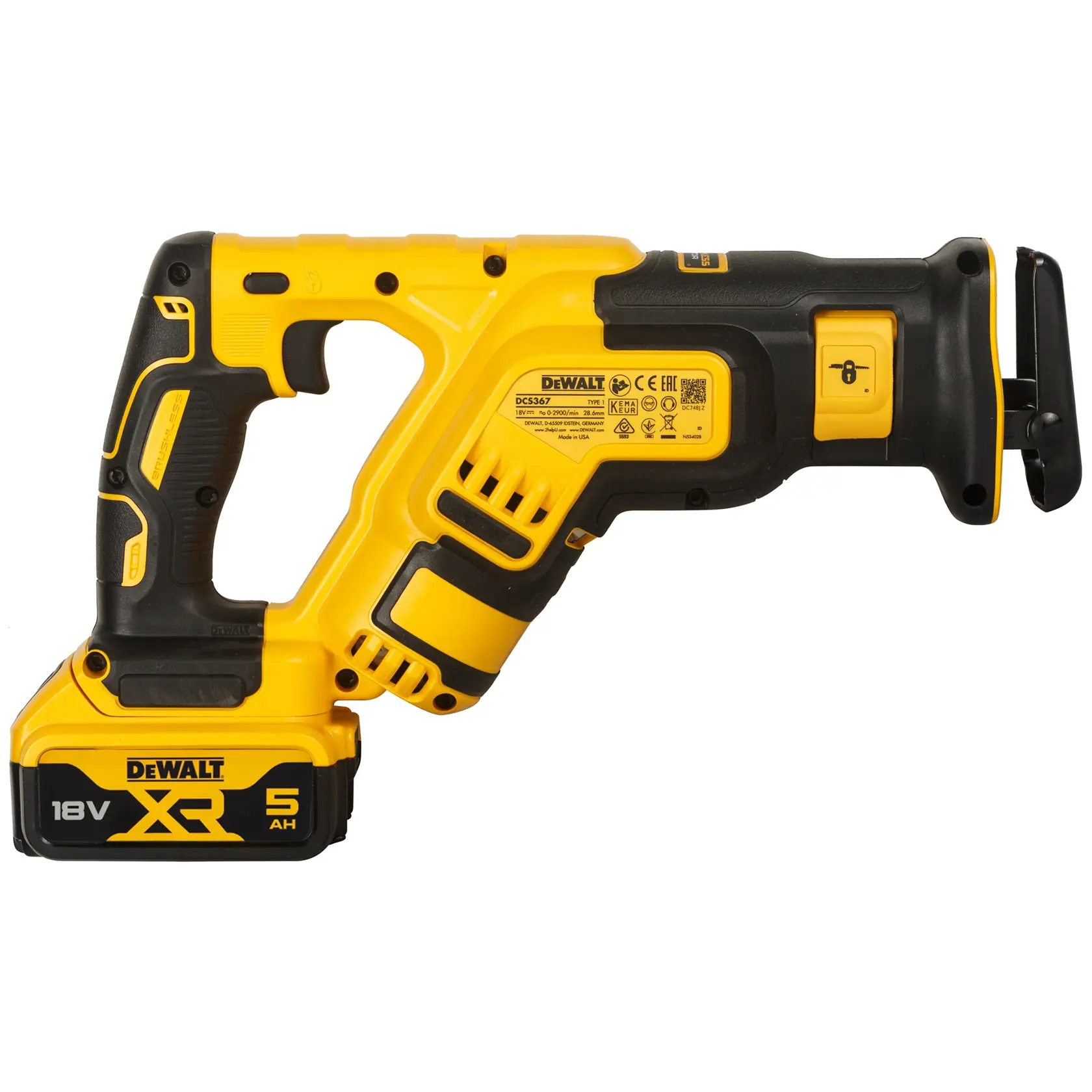 Scie recipro DEWALT DCS367P2 sans fil jaune avec batterie 18V XR 5Ah, vue de côté.