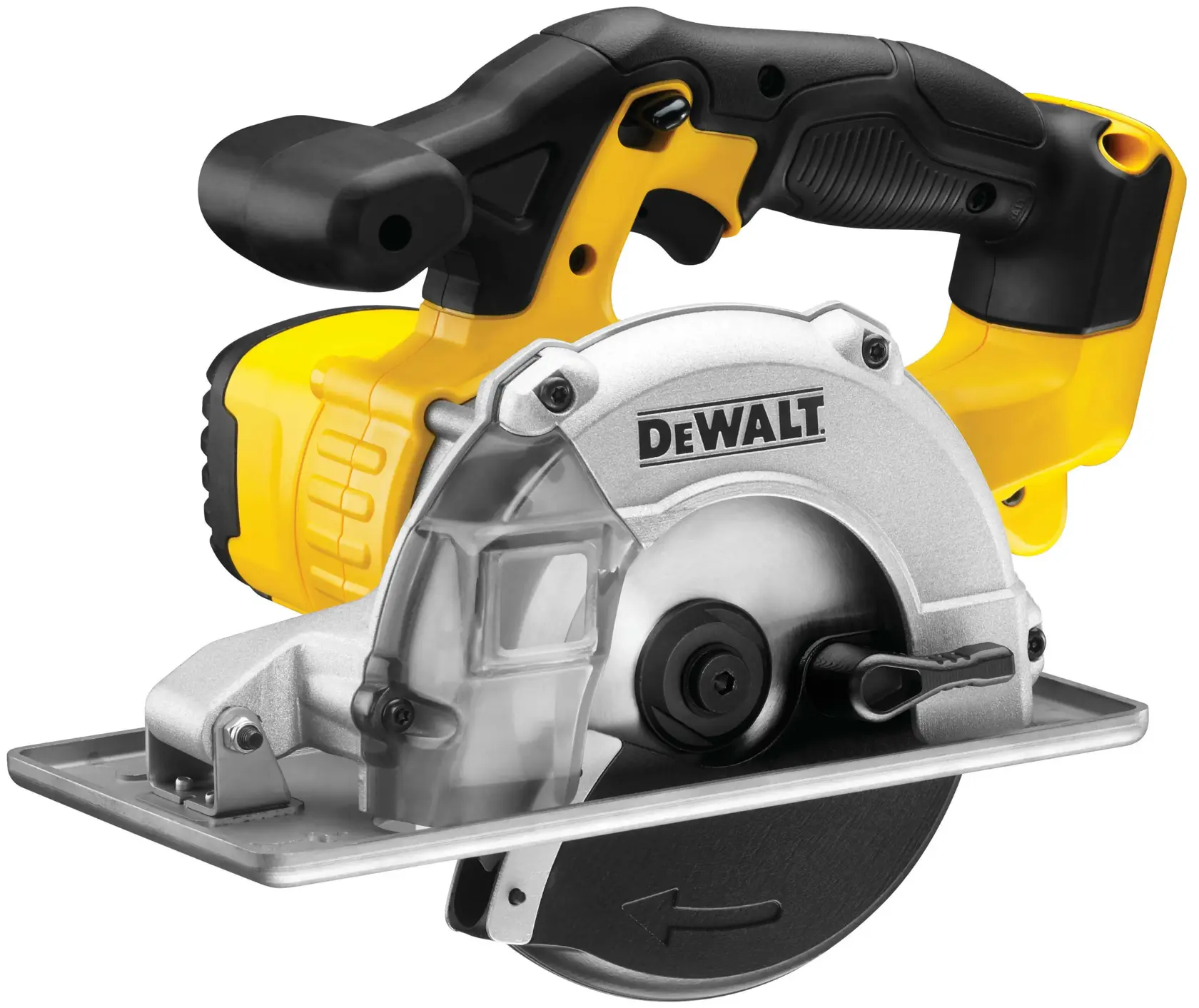 Sierra circular DEWALT inalámbrica, mango amarillo y negro, protector metálico y hoja visible.