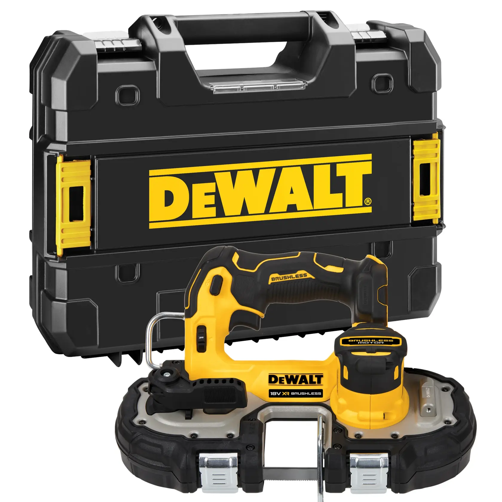 Une scie à ruban DEWALT 18V XR brushless présentée devant une mallette de transport noire et jaune DEWALT.