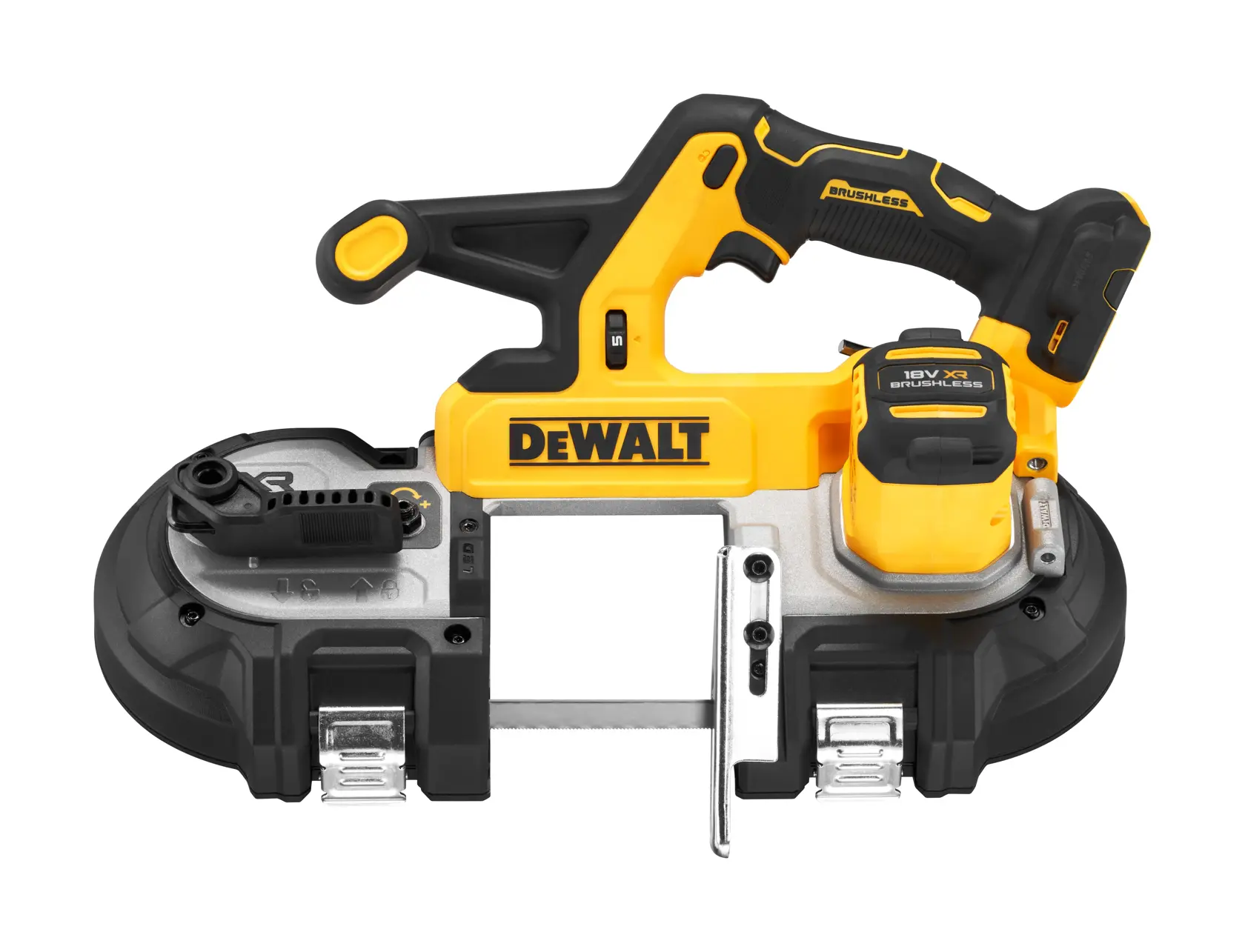 Sierra de banda inalámbrica DEWALT, diseño amarillo y negro con batería de 18V visible.