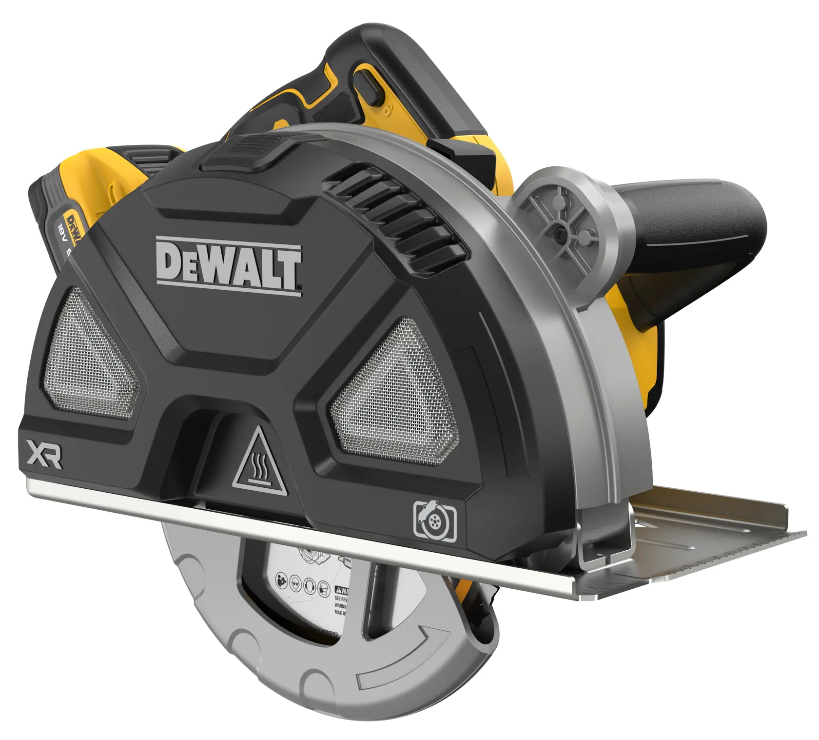 DEWALT cordless circular saw with black and yellow design, handle, protective blade cover and visible DEWALT logo.