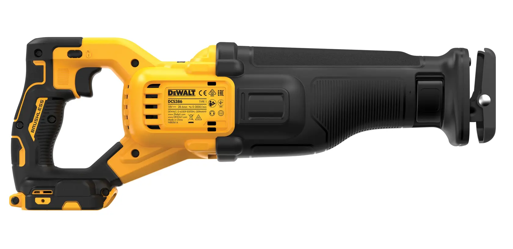 Sierra reciproca inalámbrica DEWALT DCS386NT amarilla y negra, vista lateral.