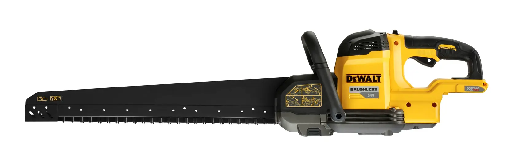 DEWALT Akku-Mauersäge mit langem schwarzem Blatt und gelbem Gehäuse für Baumaterialien.