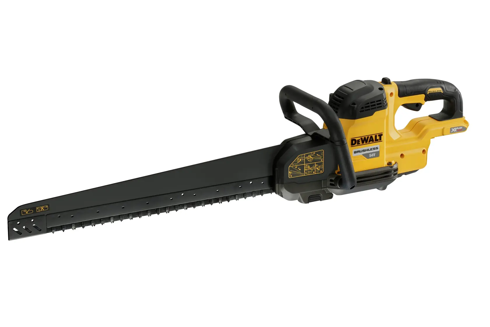 DEWALT gelbe Akku-Säge DCS397N mit langem Blatt, ergonomischem Griff und robustem Design.