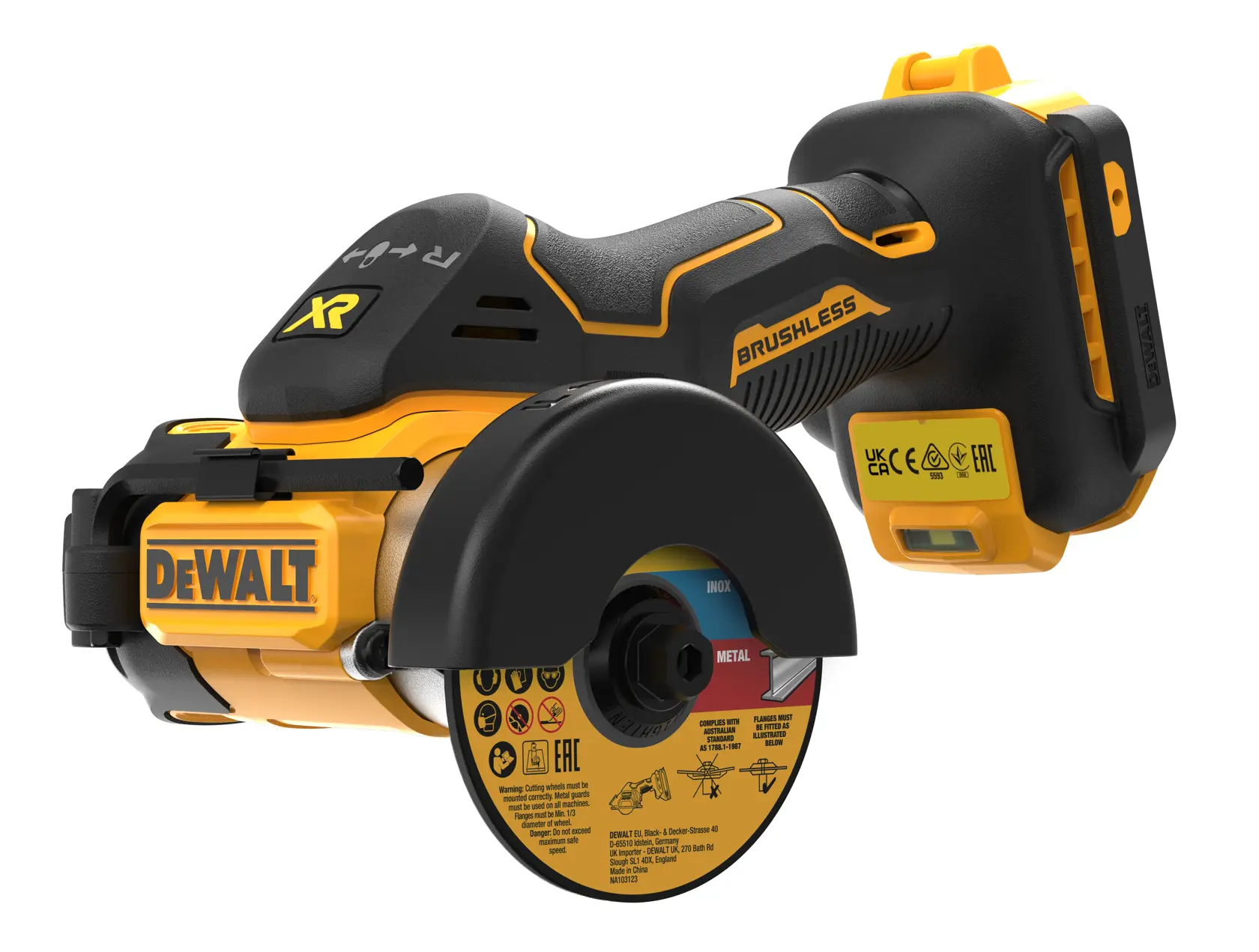 DEWALT DCS438N brushless cordless cut-off tool with a protective guard and DEWALT branding, shown with a metal cutting disc.