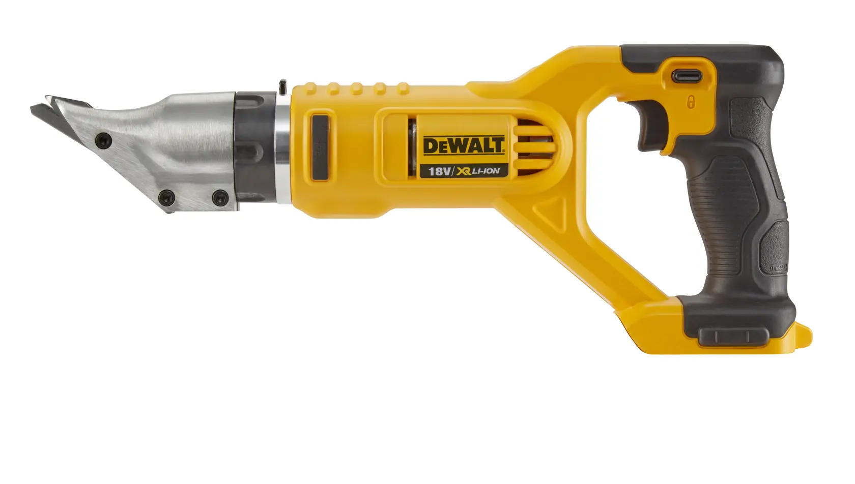 DEWALT cordless metal shear tool, yellow and black, 18V XR Li-Ion, side view, battery not included.