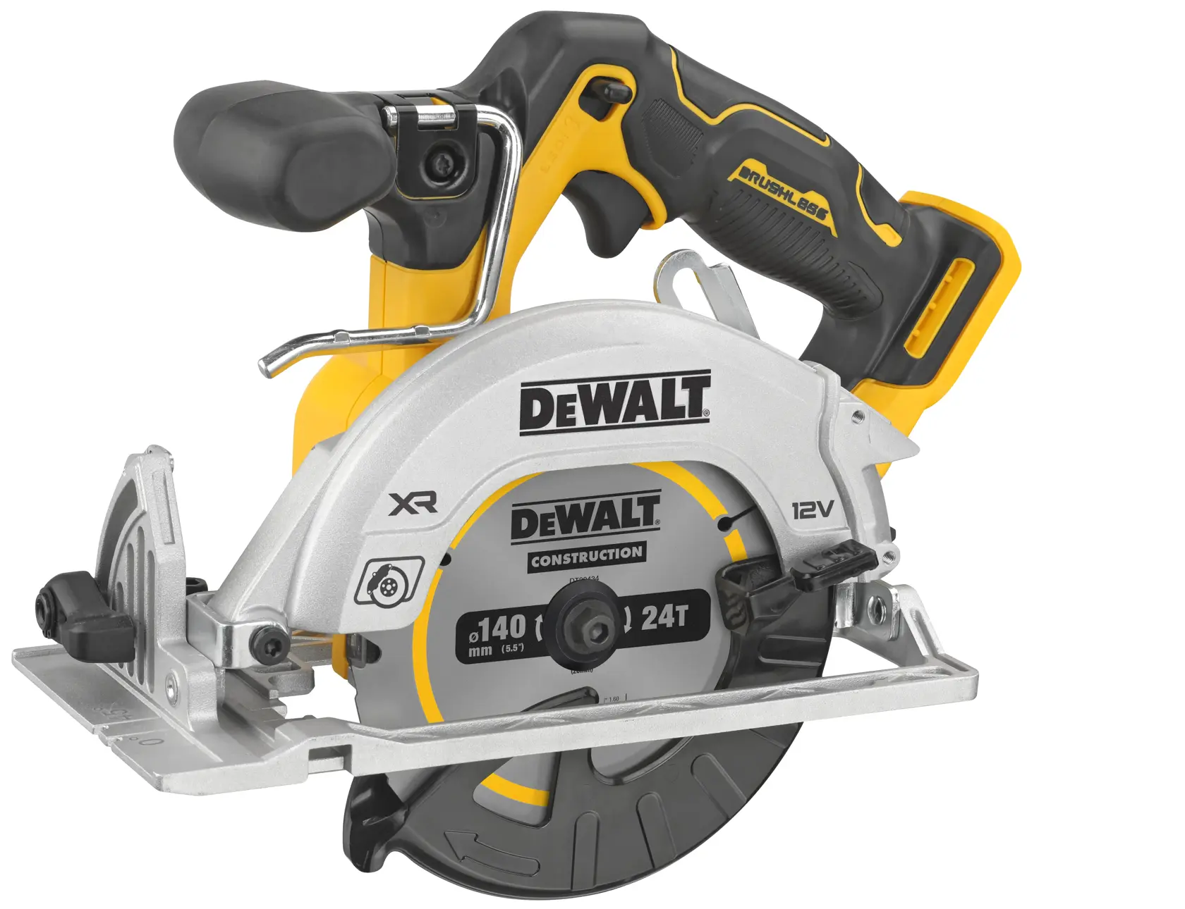 Sierra circular inalámbrica DEWALT, modelo compacto 12V, con mango ergonómico y hoja de construcción.