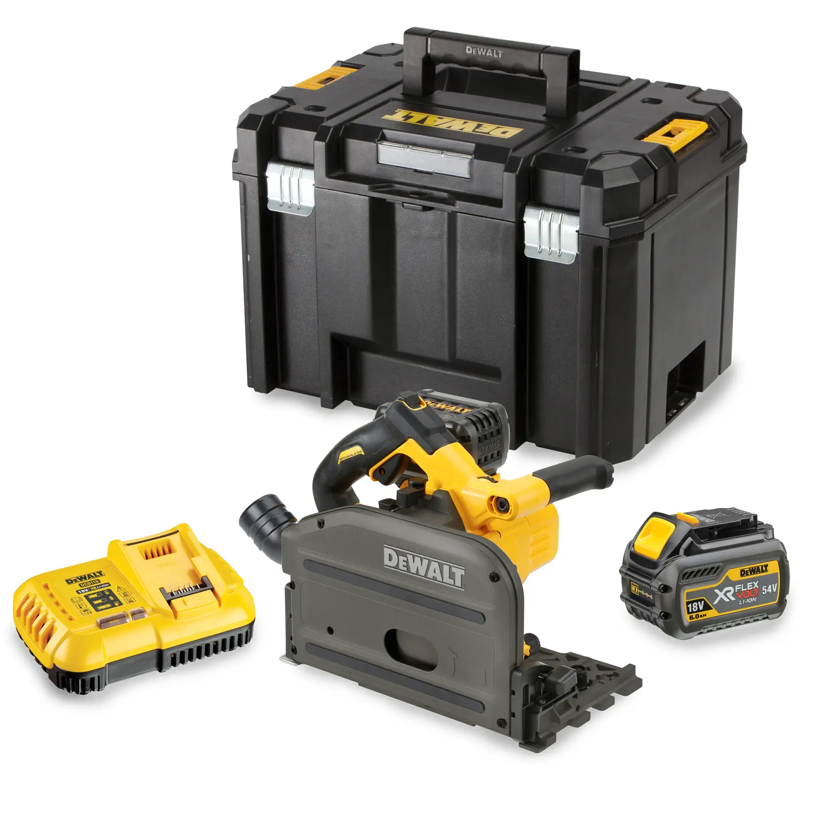 Kit de scie plongeante sans fil DEWALT DCS520T2-XE avec batterie XR FLEXVOLT 54V, chargeur et coffret de rangement noir.