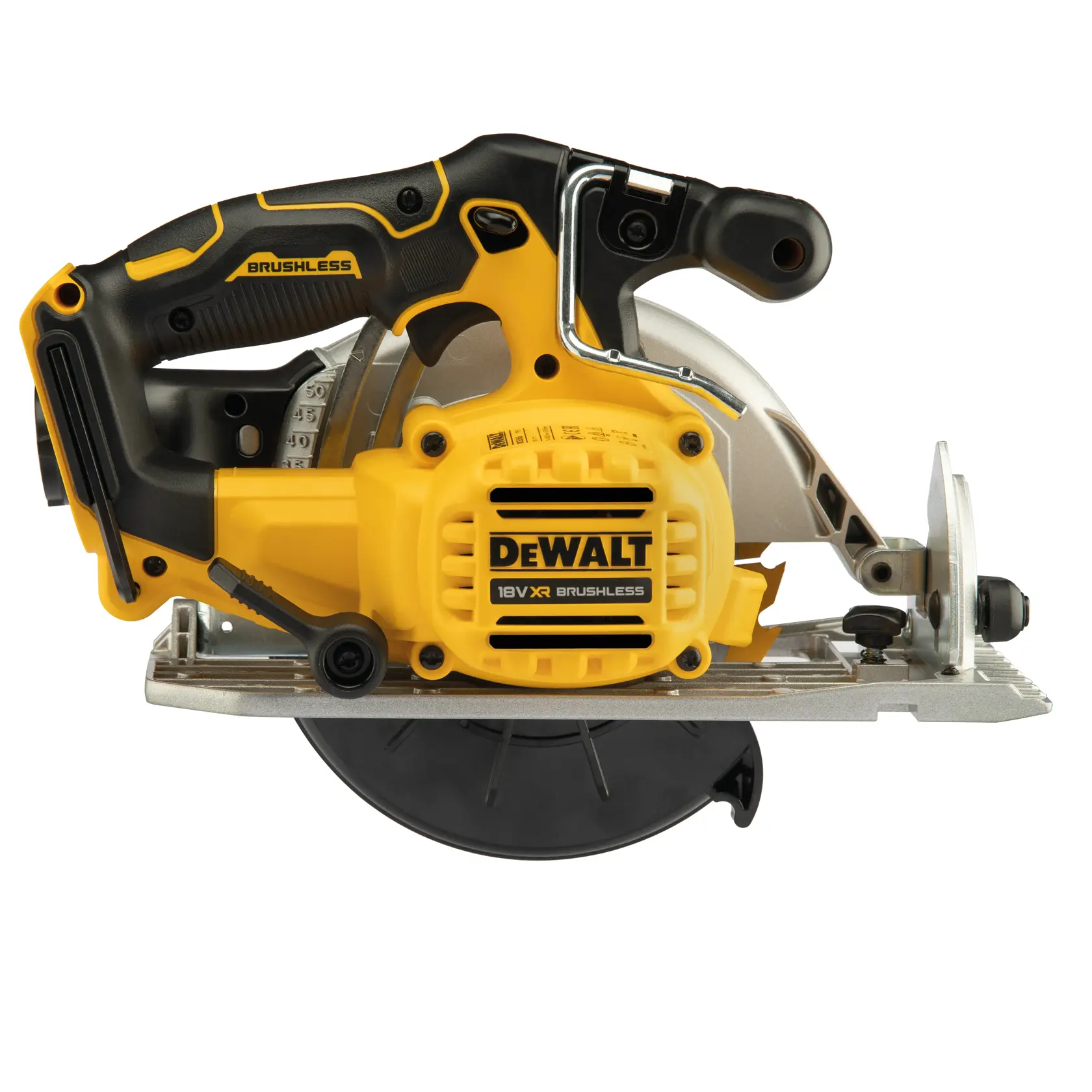 Sierra circular DEWALT para fotografía, SKUs DCS565NT-XJ y DCS565NT, herramienta amarilla y negra.