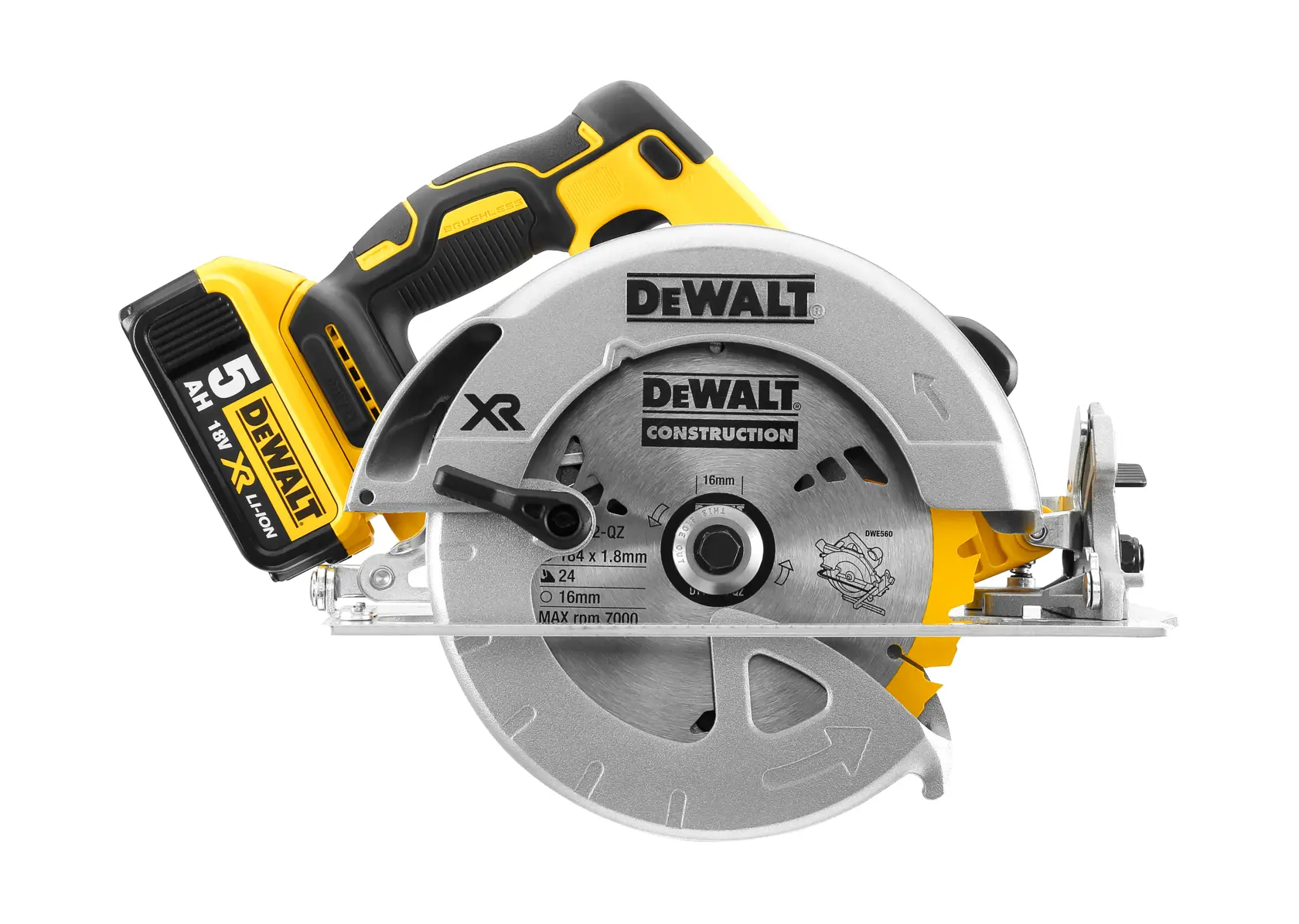 Cordless DEWALT circular saw with 18V XR Lithium-ion battery, silver blade guard, and ergonomic handle.