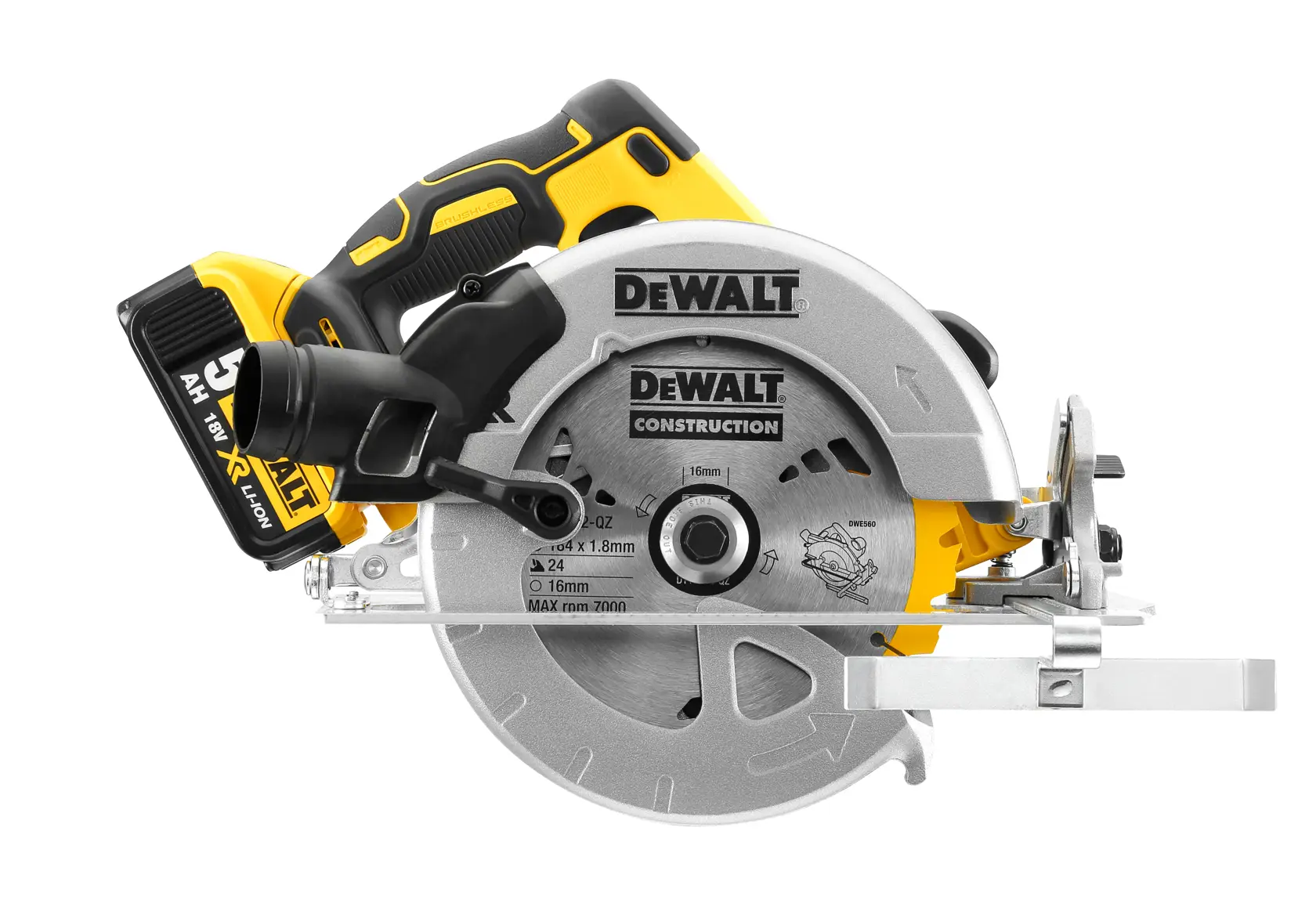 DEWALT cordless circular saw with yellow and black handle, construction blade, and battery attached.