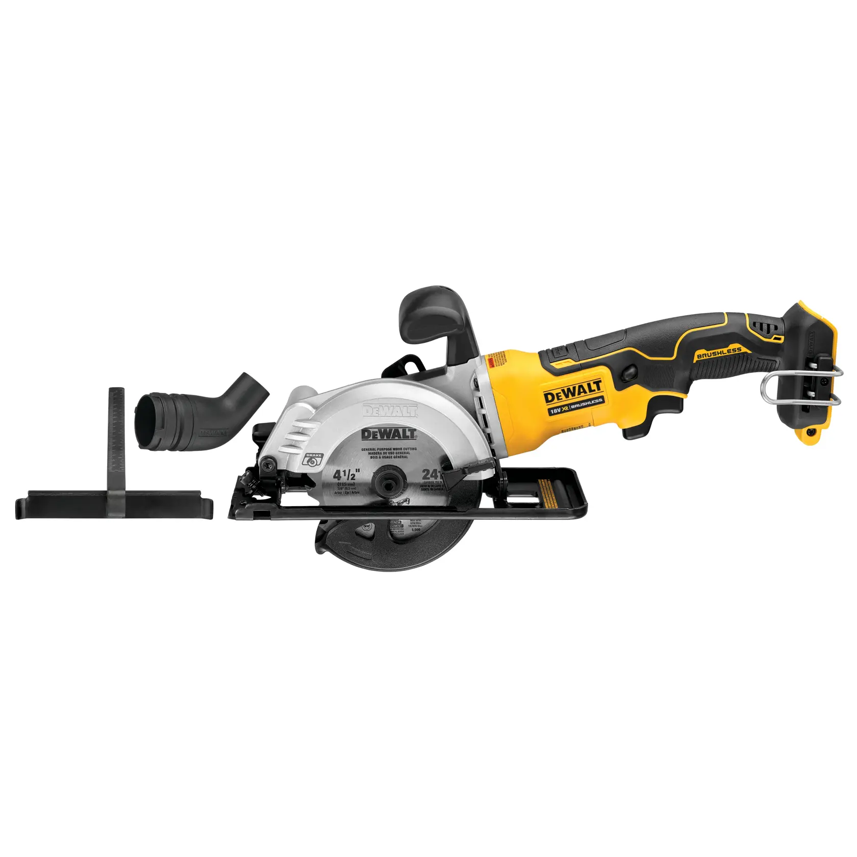 Sierra compacta DEWALT DCS571NT-XJ, DCS571NT con accesorios, usada en fotografía. Diseño amarillo-negro.