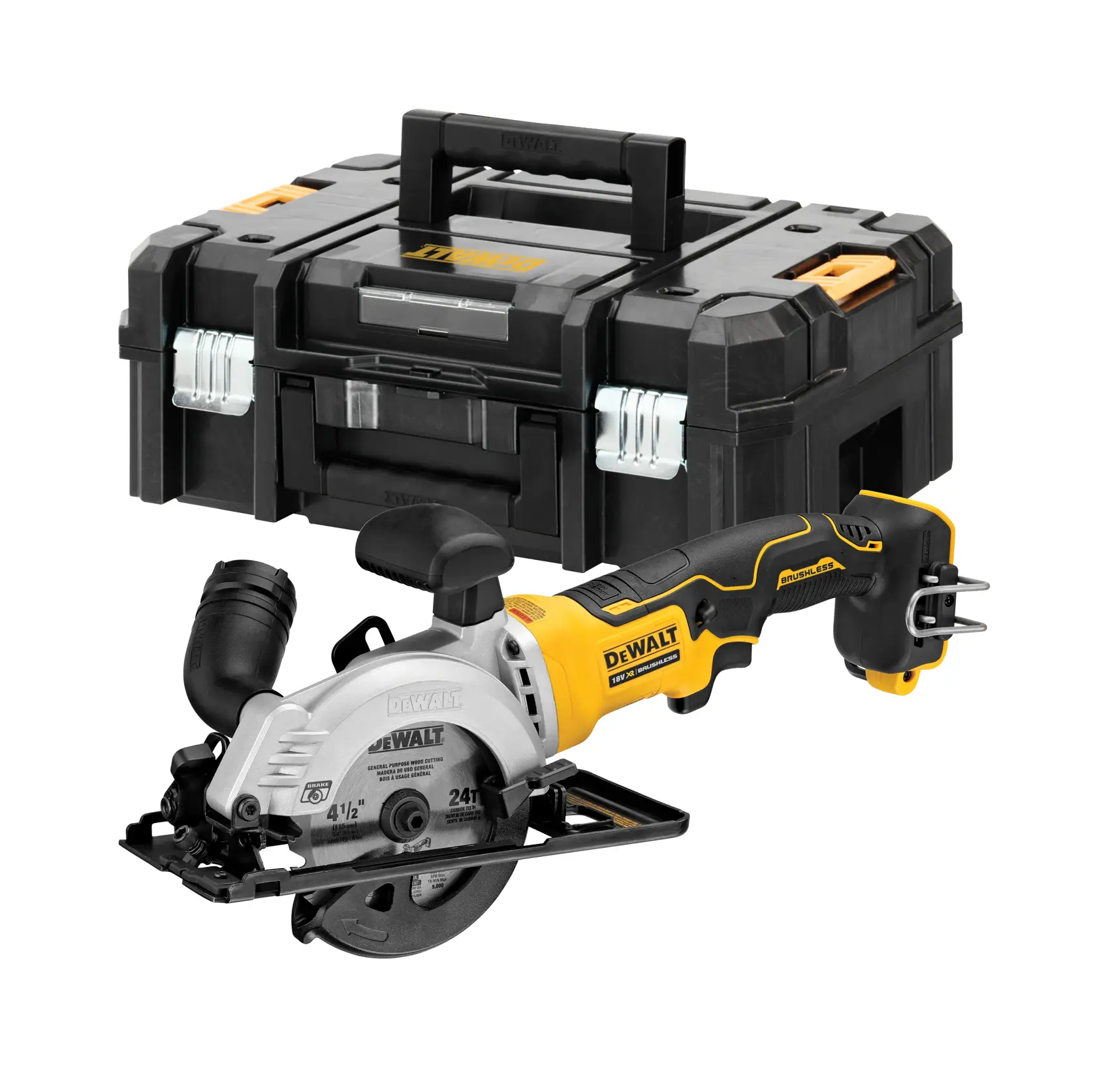 Una sierra circular compacta inalámbrica DEWALT con diseño negro y amarillo, mostrada frente a una caja de almacenamiento negra DEWALT con cierres metálicos y un asa robusta.