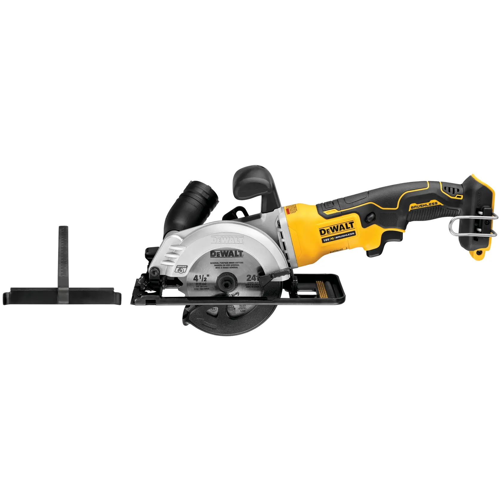 DEWALT cordless circular saw with yellow handle and black grip, shown with blade guard and accessory.