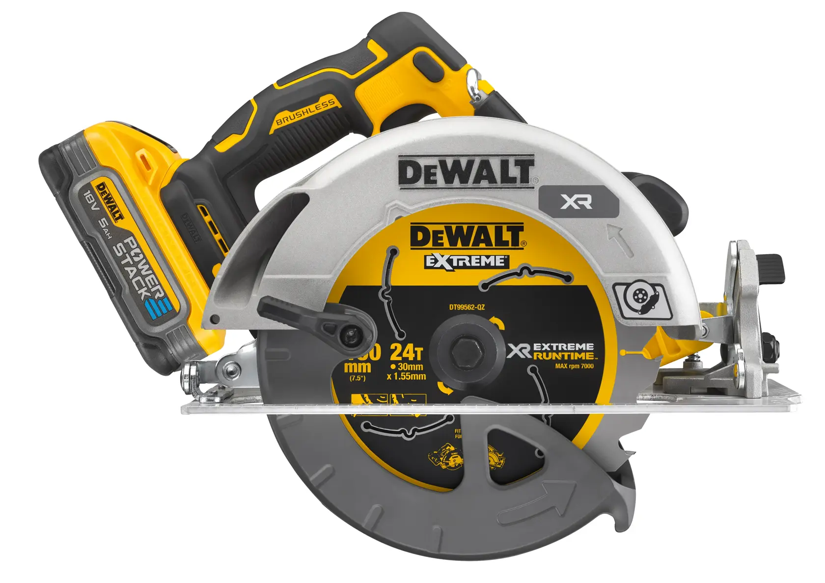 Eine kabellose Kreissäge von DEWALT mit POWERSTACK-Akku, gelb-schwarzes Design. Der Klingenschutz zeigt DEWALT Extreme-Branding und technische Details. Die Säge ist für professionelle Schneidarbeiten ausgelegt.