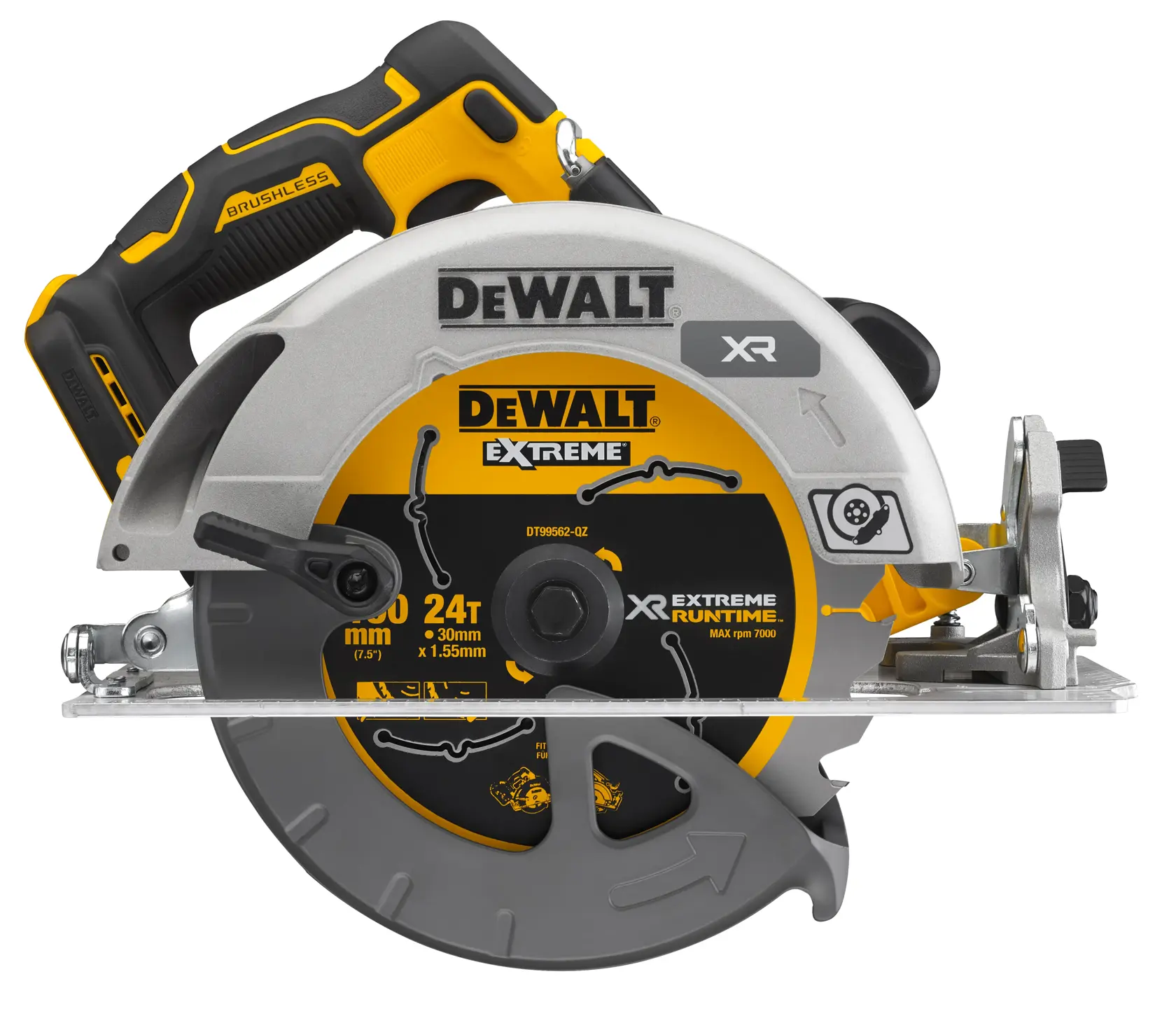 Sega circolare a batteria DEWALT DCS573NT con impugnatura brushless gialla e nera, coprilama circolare argento e il marchio DEWALT XR ben visibile.