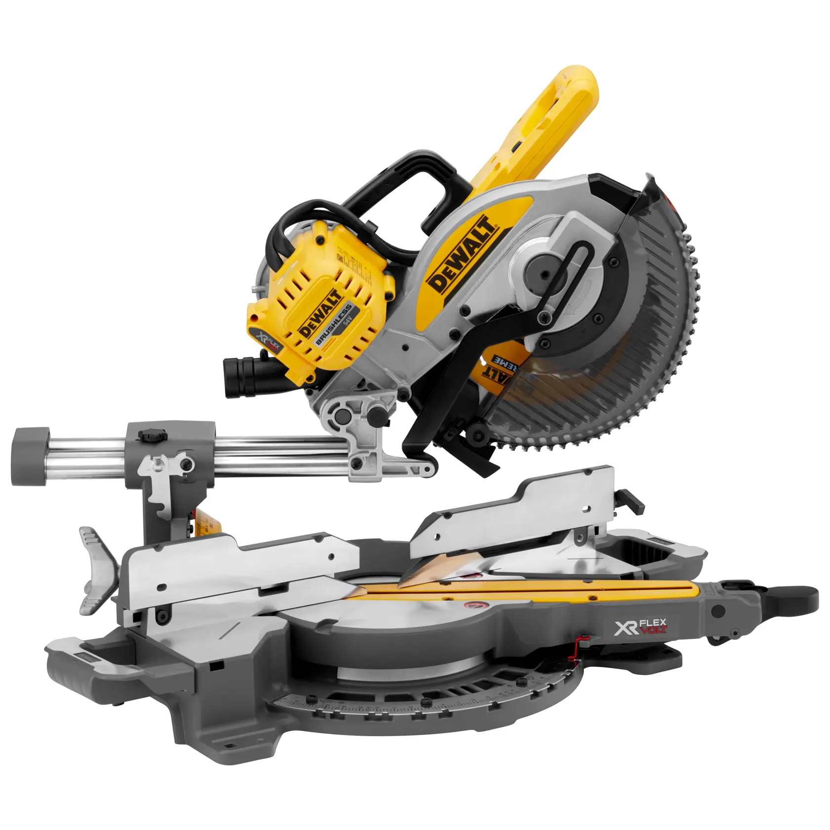 DEWALT DCS727N Akku-Kappsäge in Gelb und Schwarz, für präzises Schneiden von Holz.