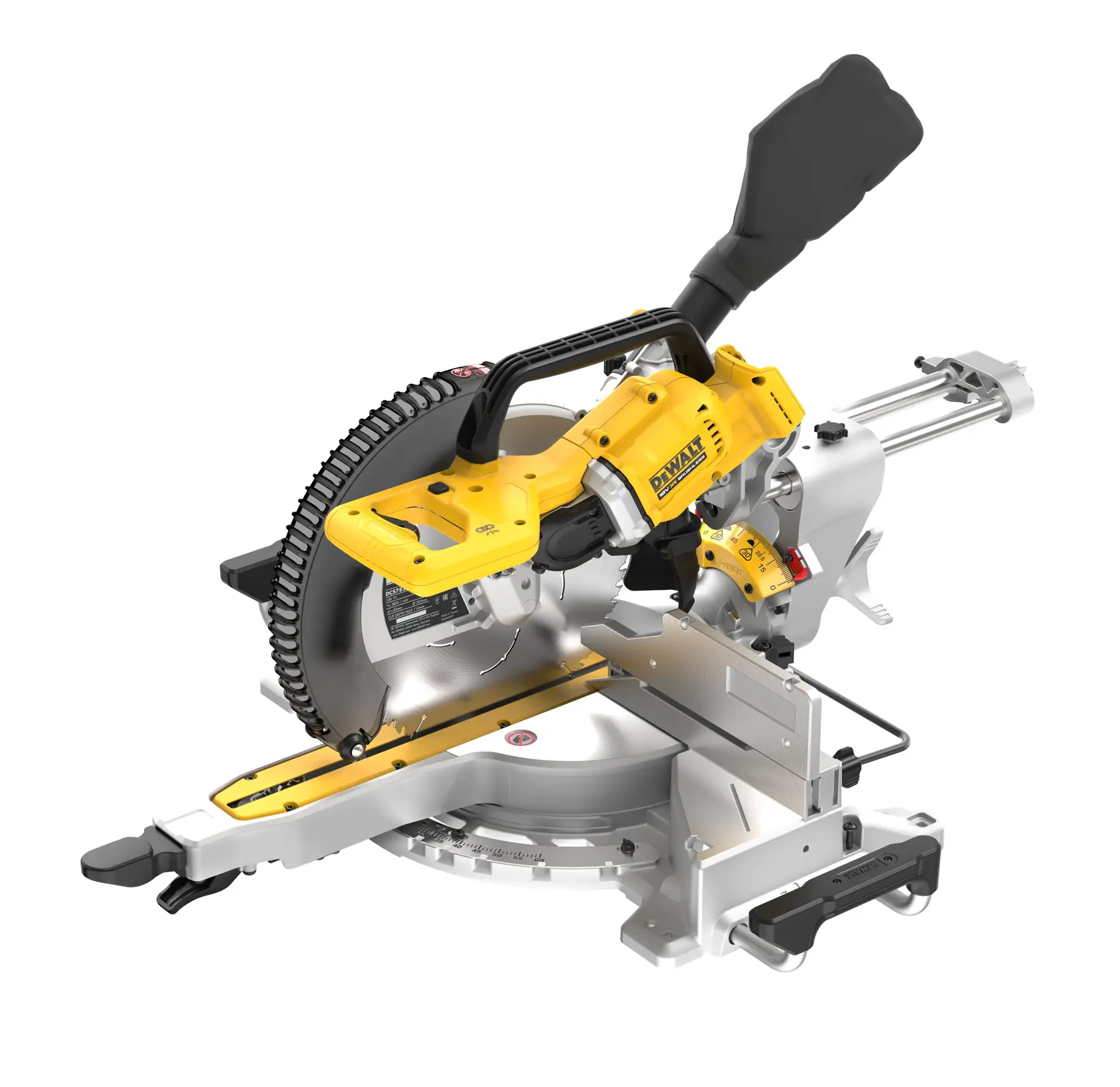 Sierra ingletadora DEWALT DCS782N con cuerpo amarillo y base plateada, mostrada en ángulo.