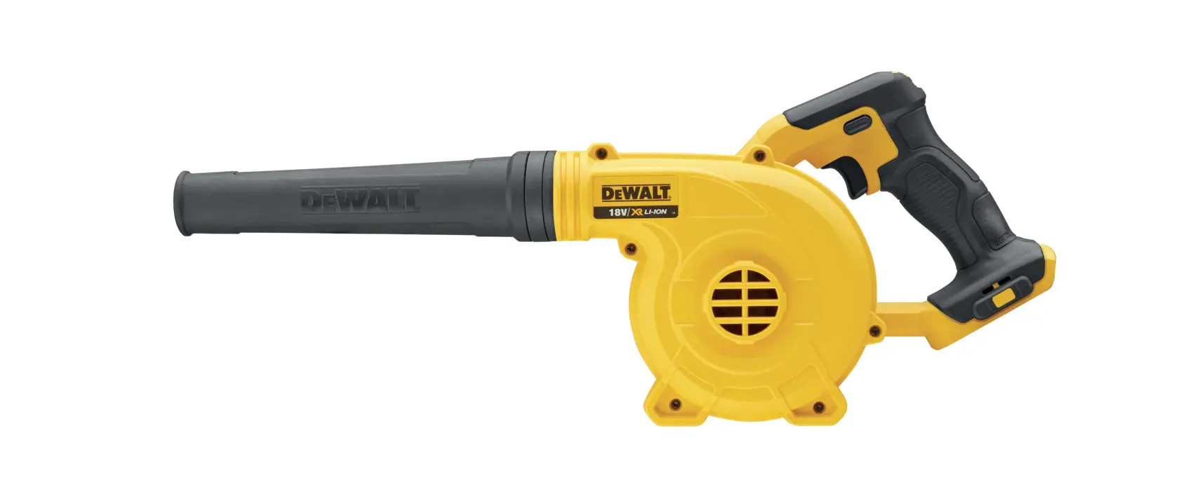 Productos de fotografía DEWALT DCV100 y DCZ1201P3-XE, soplador portátil amarillo mostrado.