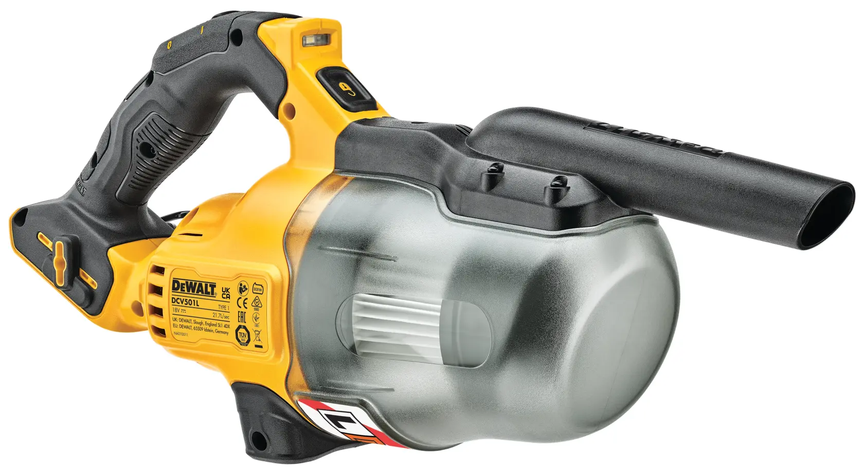 Aspiradora de mano inalámbrica DEWALT DCV501LN con diseño negro y amarillo, depósito de polvo transparente y empuñadura ergonómica, mostrada sobre fondo blanco.
