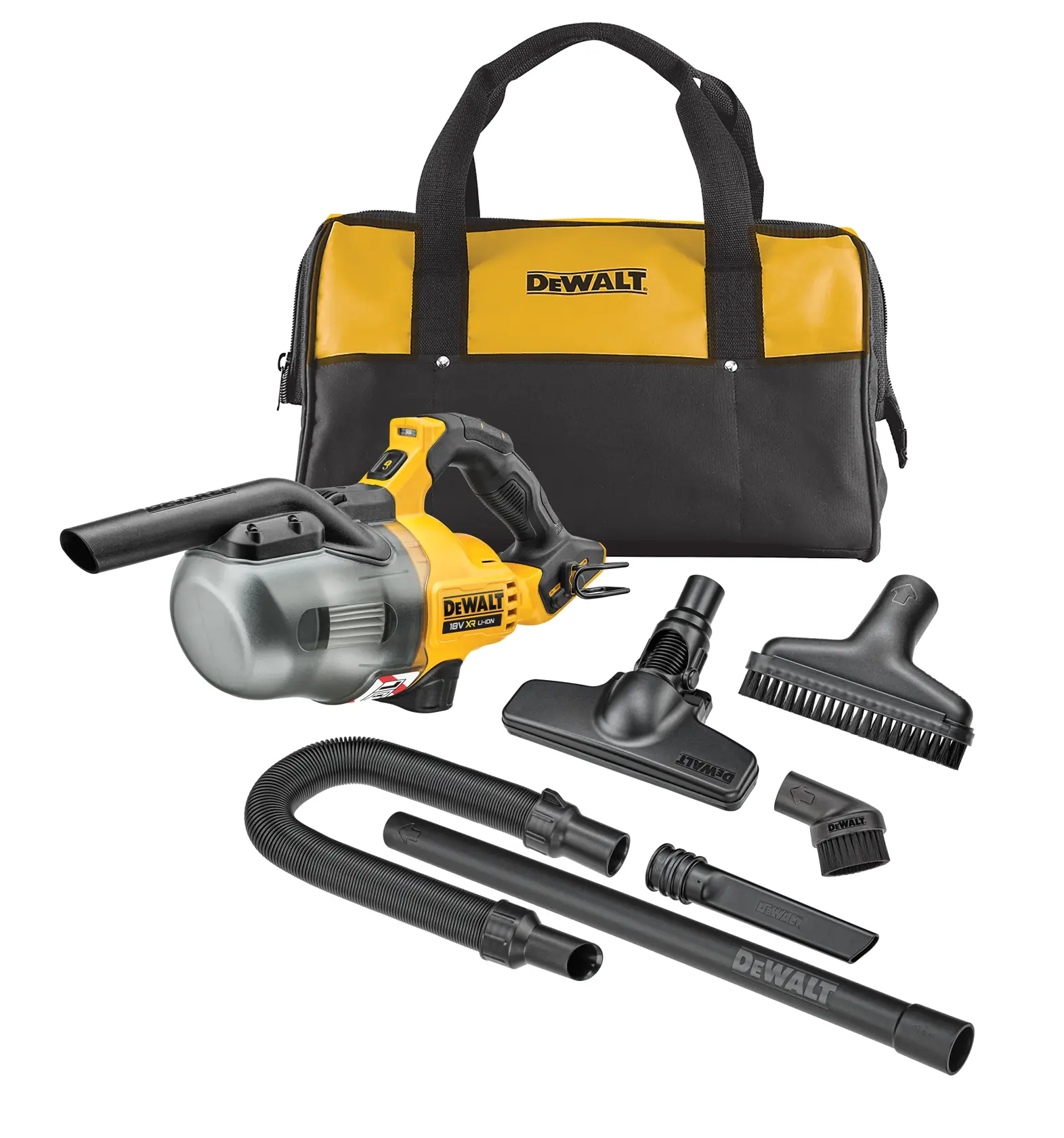 Kit de aspiradora de mano inalámbrica DEWALT que incluye una unidad de aspiradora amarilla y negra, varios accesorios (boquilla, cepillo, manguera, tubos de extensión) y una bolsa de transporte DEWALT negra y amarilla, todo sobre fondo blanco.