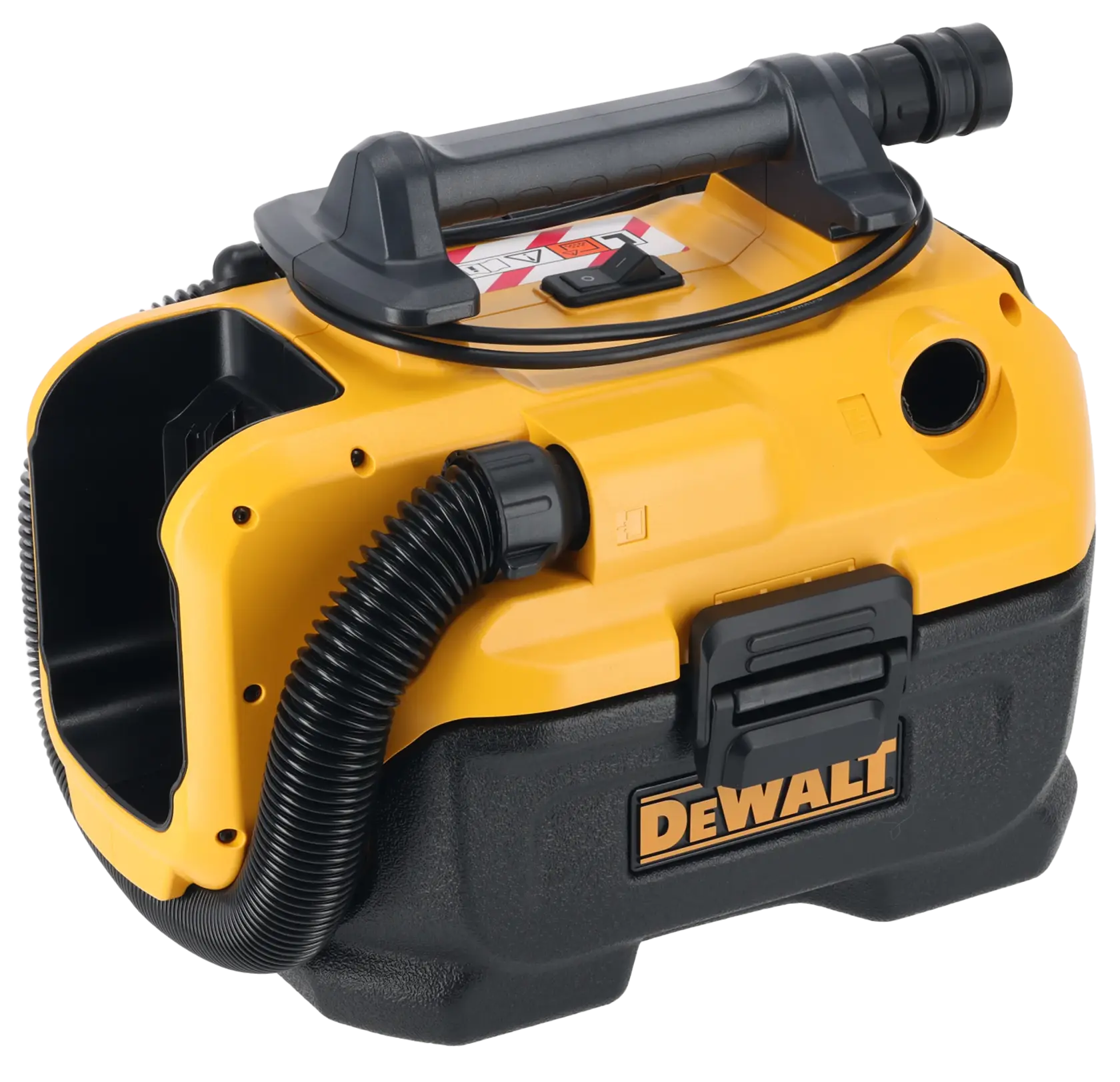 Aspiradora DEWALT DCV584L usada por trabajador en obra, edificios urbanos y grúas al fondo.