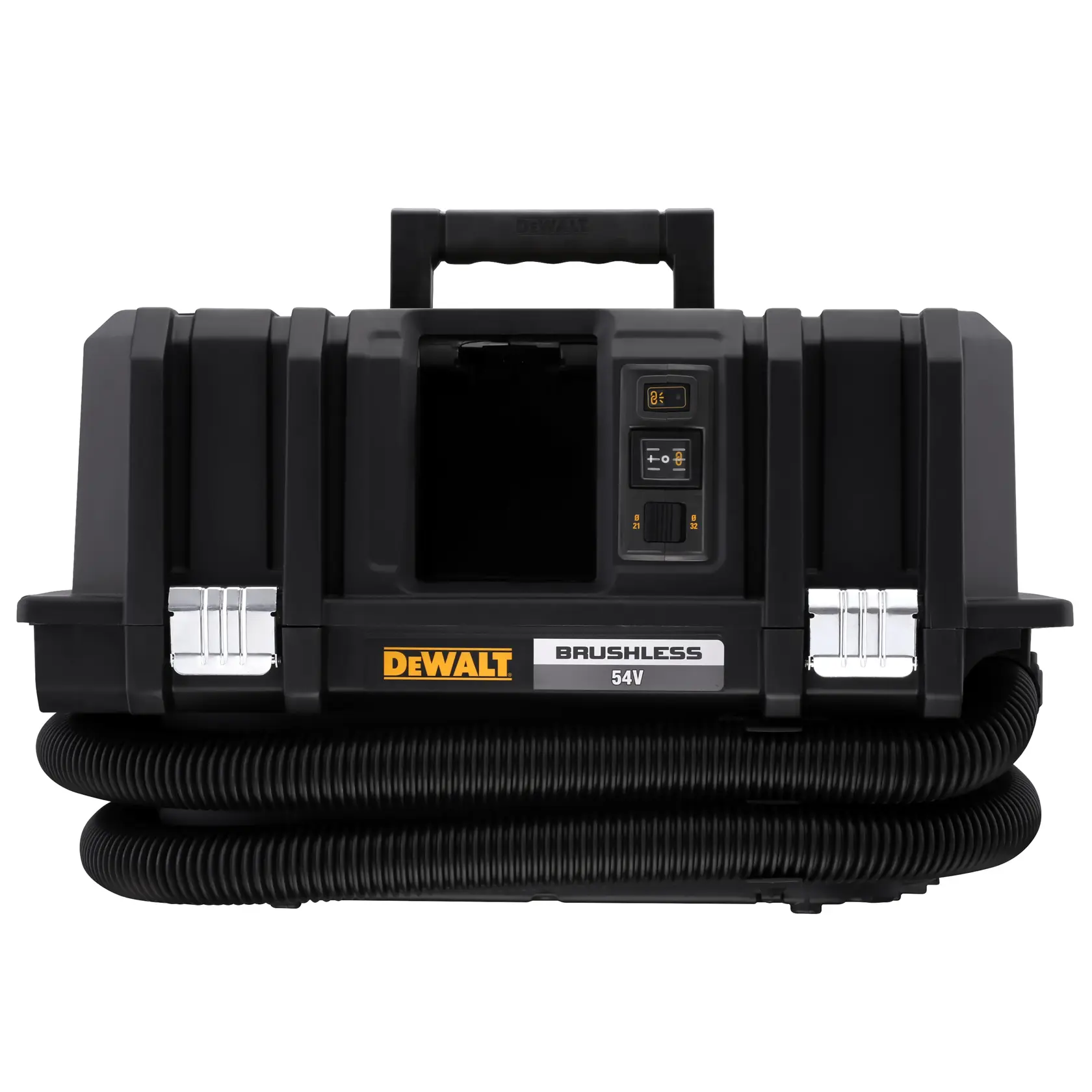 Aspiradora portátil DEWALT 54V sin escobillas con asa, controles y manguera enrollada, diseño negro y amarillo.