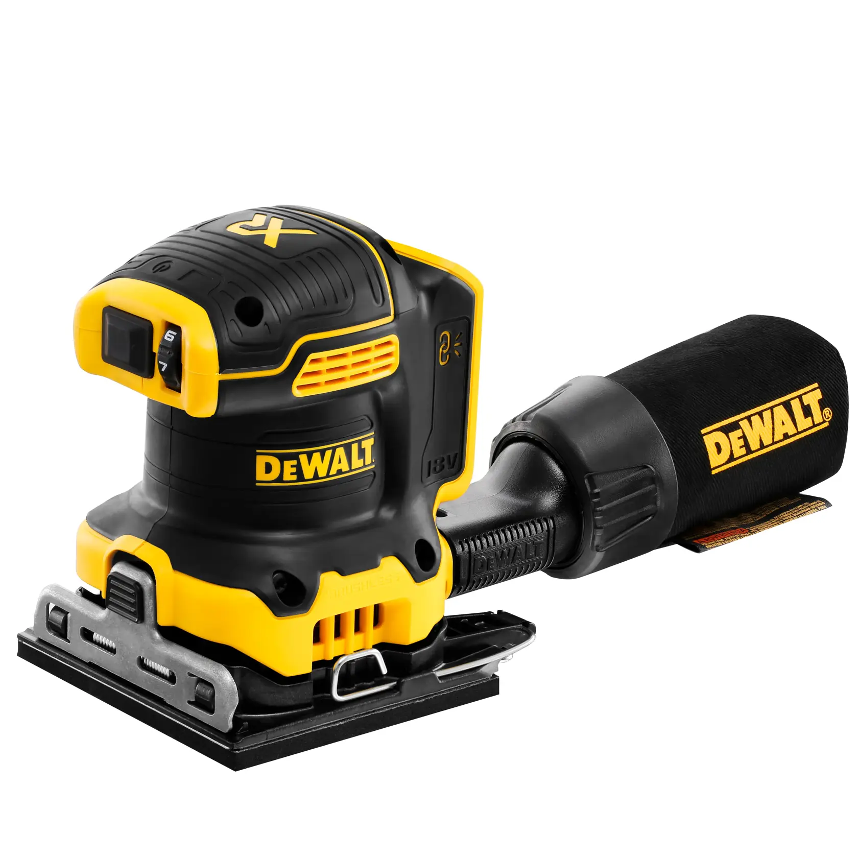 DEWALT 18V cordless sander with dust bag, black and yellow, used for smoothing surfaces.