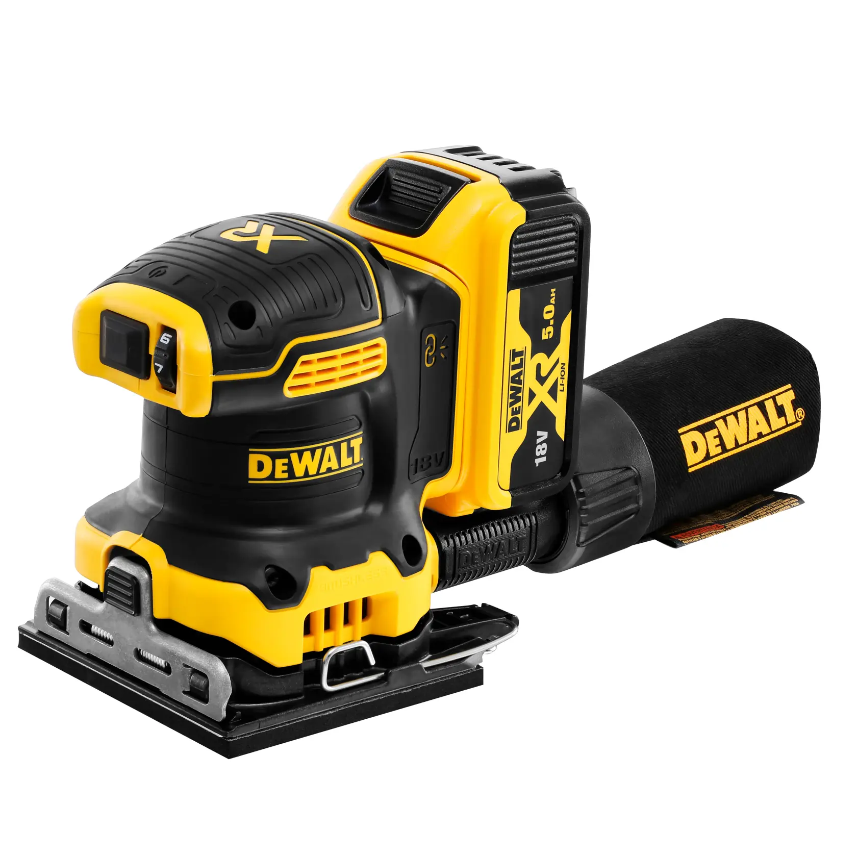 Lijadora eléctrica inalámbrica DEWALT 18V con bolsa de polvo, compacta, amarilla y negra.