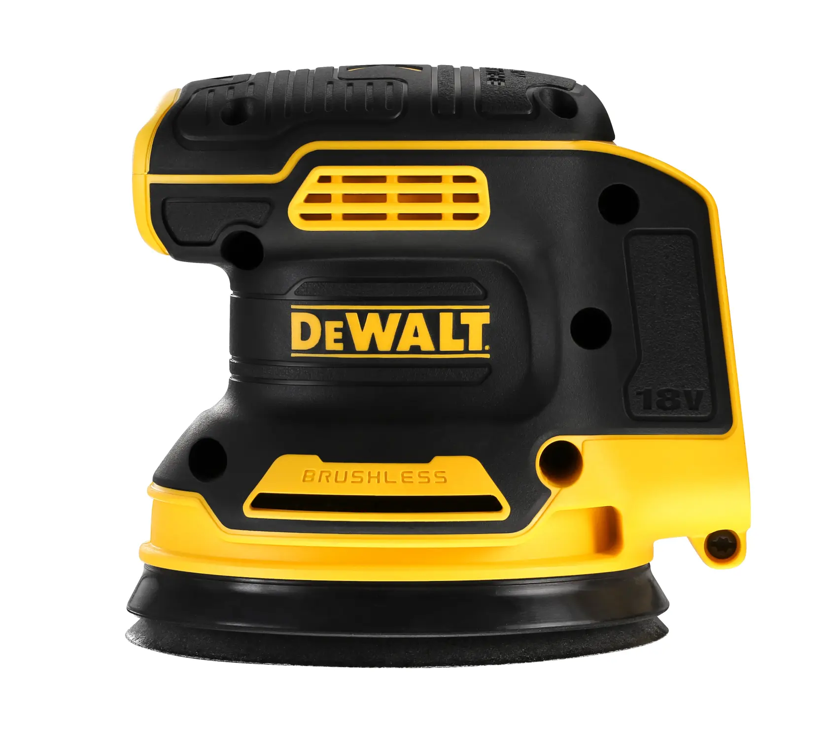 Una lijadora orbital aleatoria inalámbrica DEWALT 18V brushless, mostrada en color amarillo y negro, diseñada para trabajos en madera y acabados de superficies.