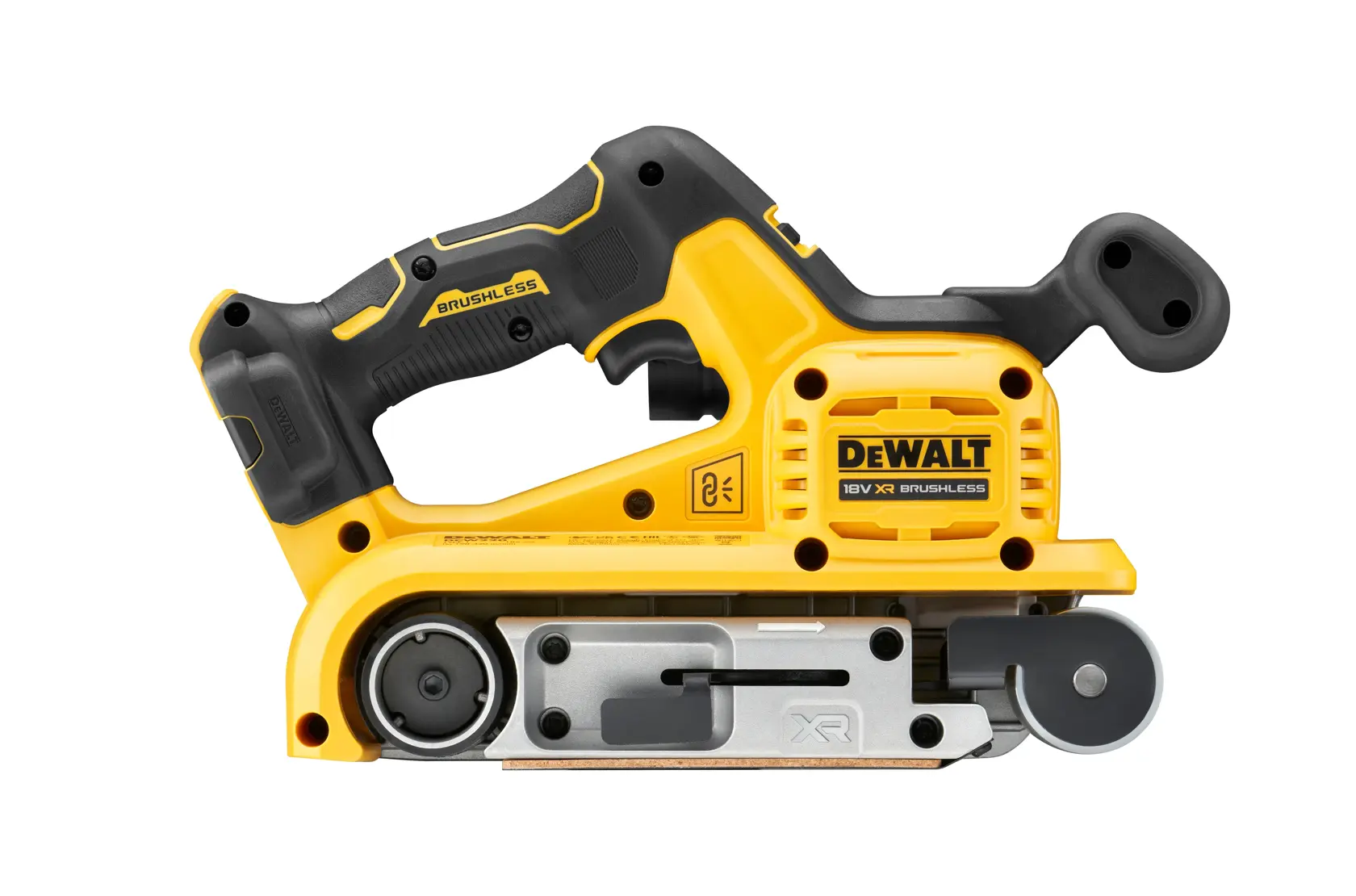 DEWALT DCW220NT Akku-Bandschleifer gelb-schwarz, Seitenansicht vor weißem Hintergrund.