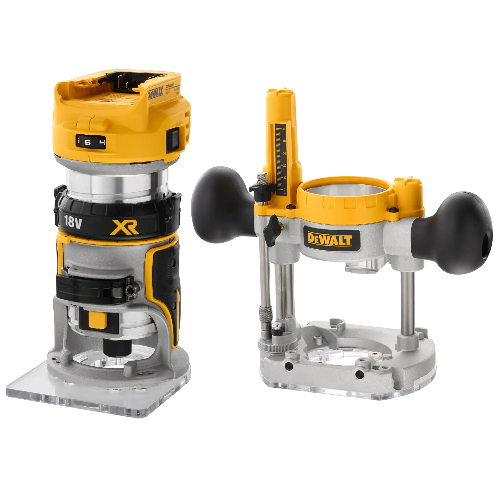 Outils DEWALT photographie DCW604N, DCW604NT-XJ, DCW604NT affichés côte à côte en argent et jaune.