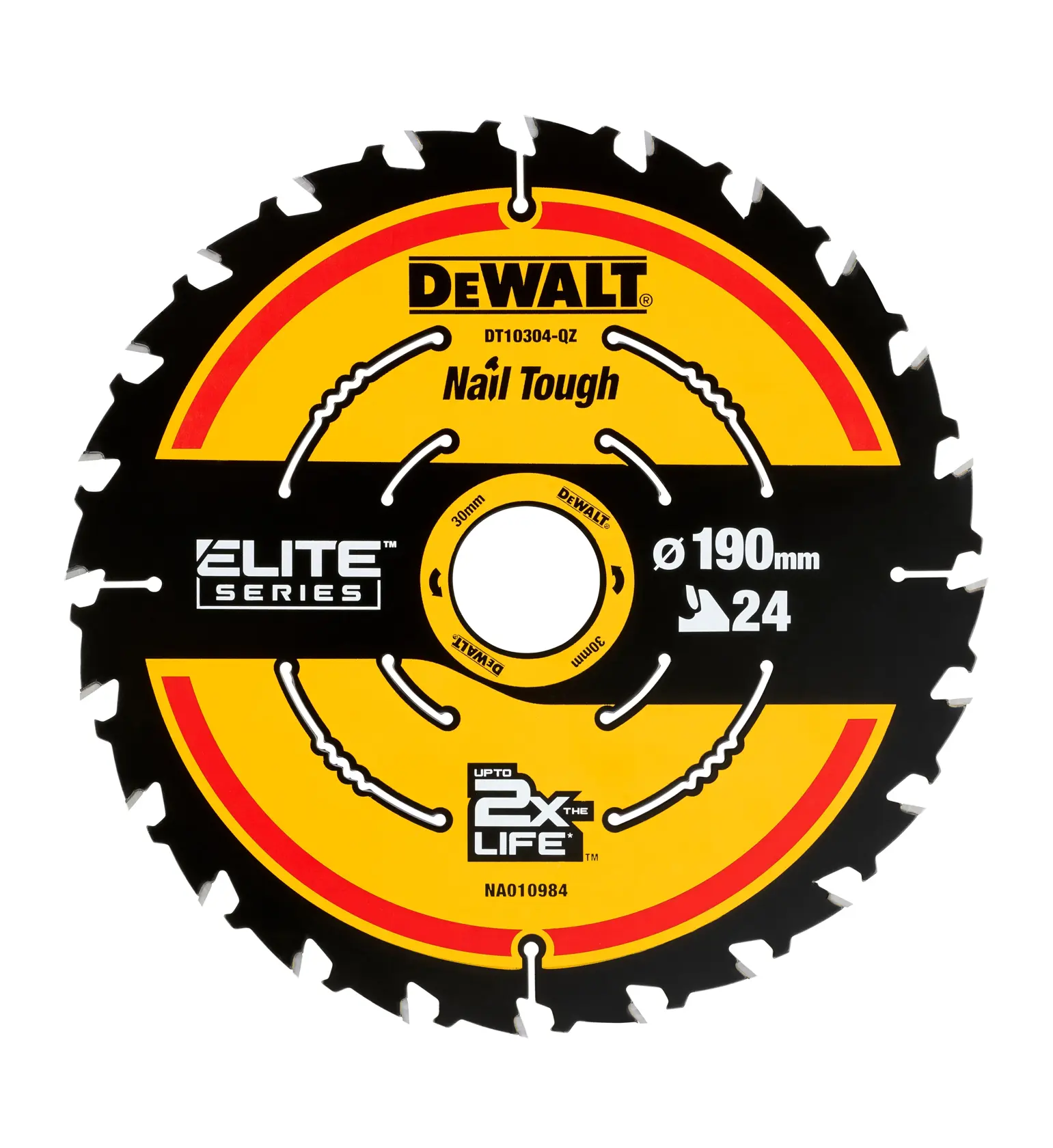 DEWALT 190mm saw blade with 24 teeth, Elite Series, Nail Tough. Black and yellow circular design.