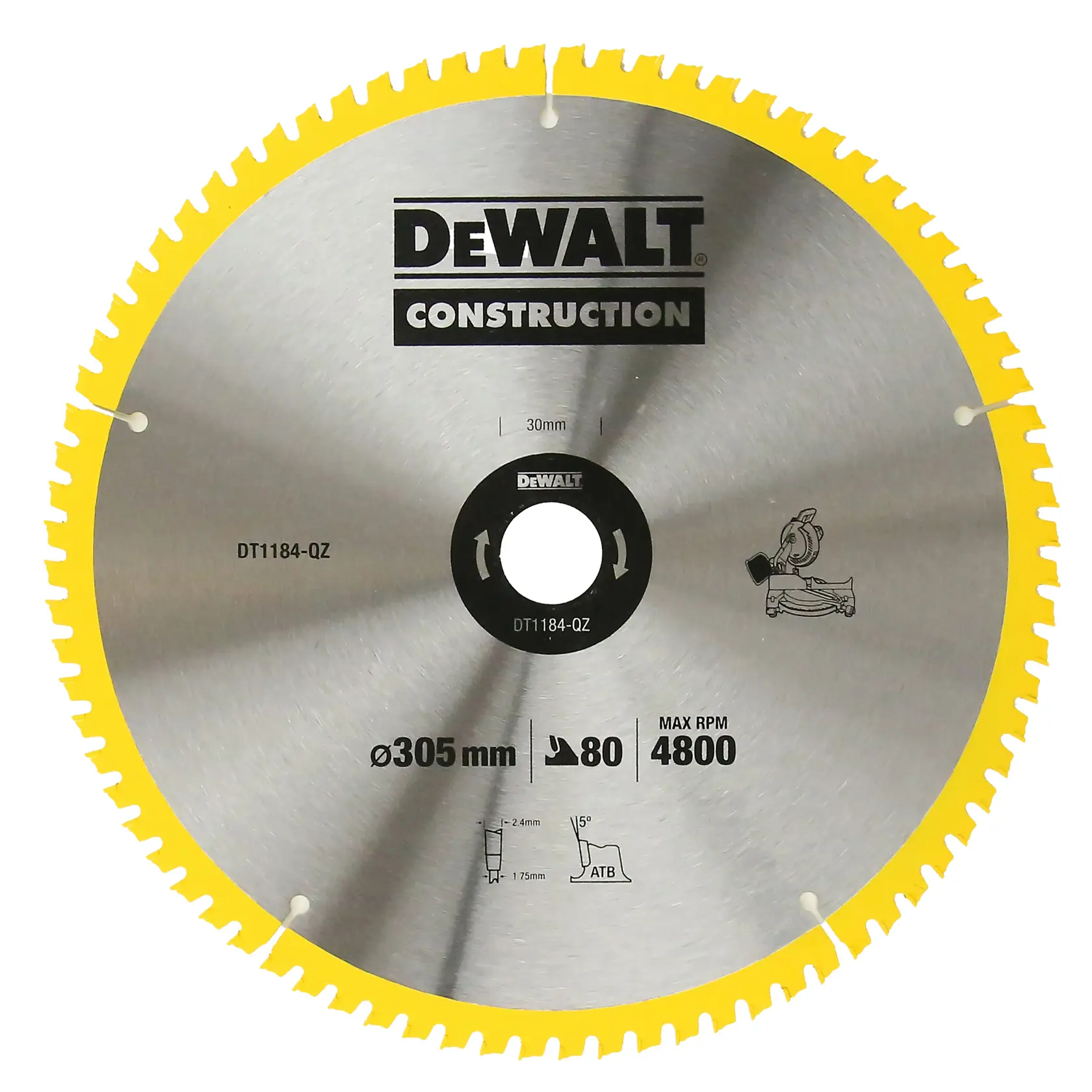 DEWALT DT1184 Kreissägeblatt, 305mm Durchmesser, 80 Zähne, für Bau, max 4800 U/min.