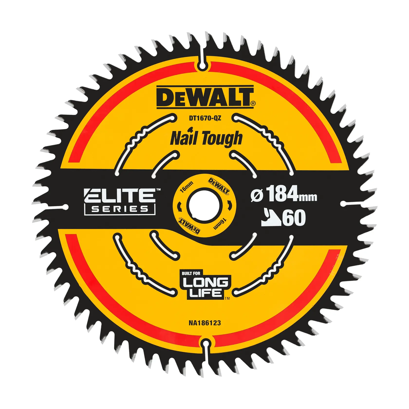 DEWALT DT1670 Elite Series 184mm circular saw blade with 60 teeth, for tough cutting and long durability.
