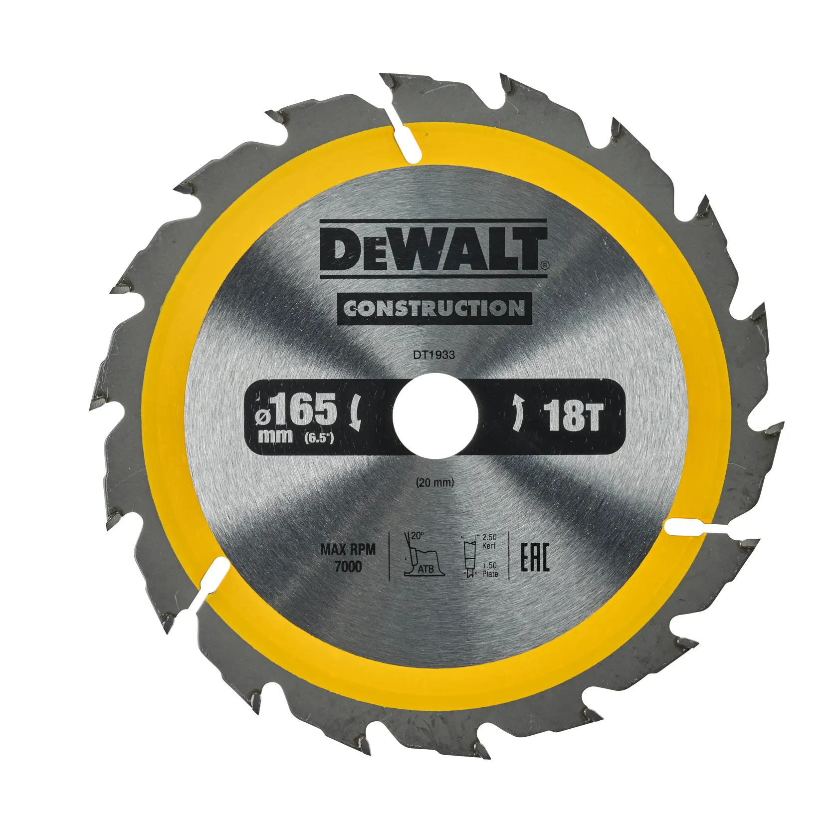 Lama circolare DEWALT DT1933, 165mm, 18 denti, argento con bordo giallo.