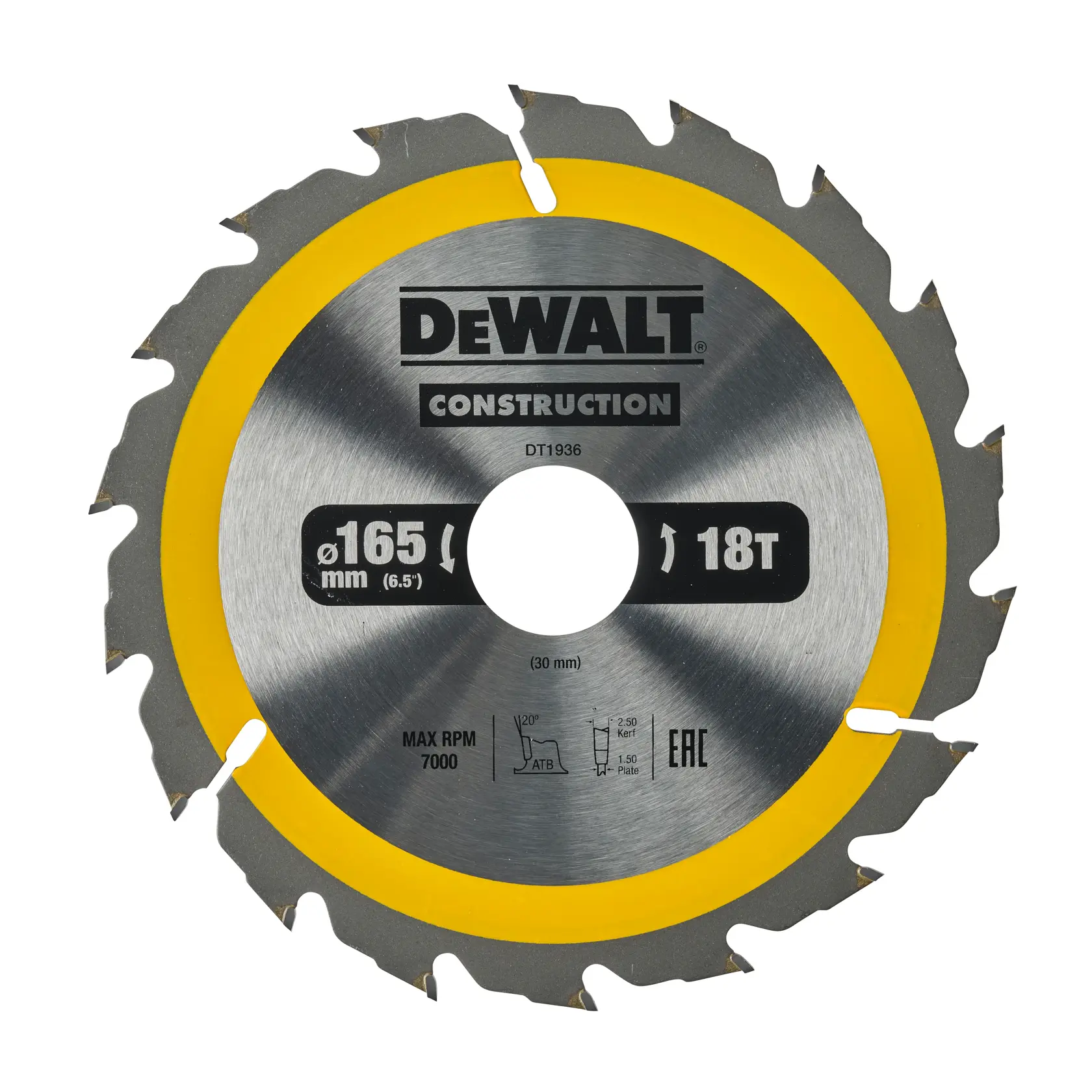 Disco circolare DEWALT DT1936, diametro 165 mm, 18 denti, argento e giallo, per costruzioni.