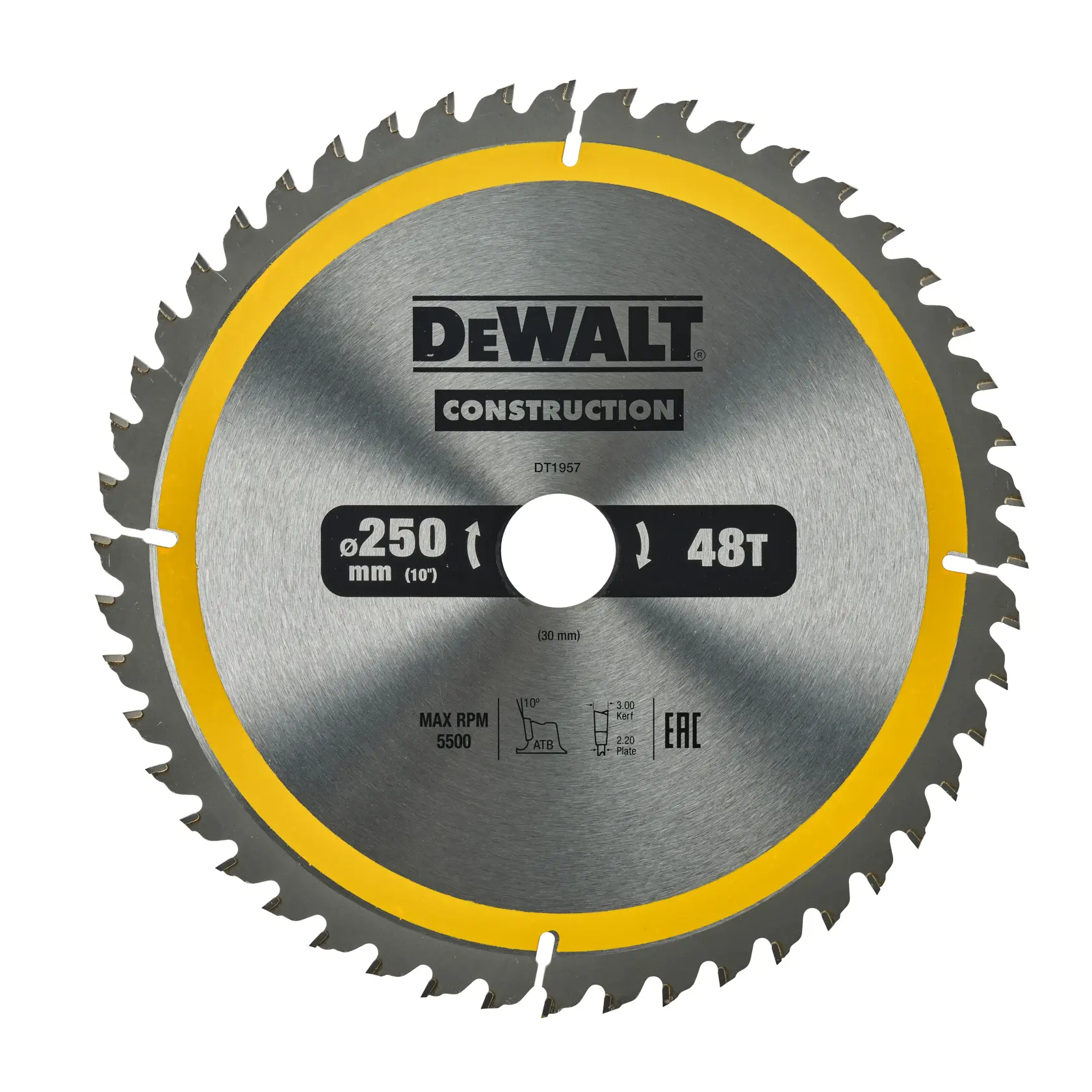 DEWALT DT1957 circular saw blade, 250mm diameter, 48 teeth, silver with yellow ring, for construction use.