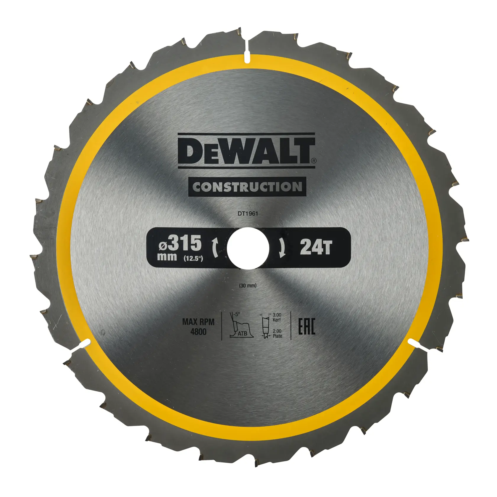 DEWALT DT1961 315mm 24-tooth circular saw blade for construction, silver with yellow edge.