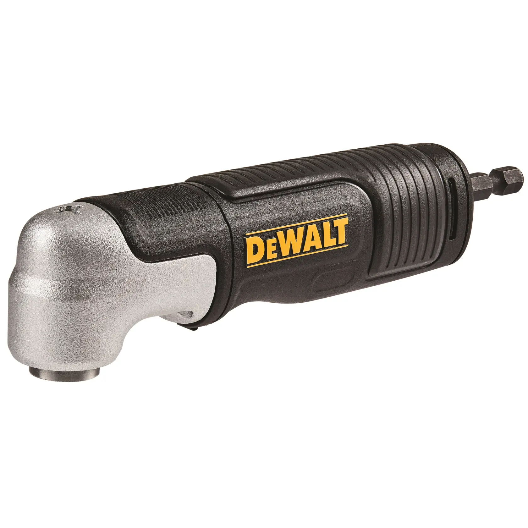 Adaptador de taladro en ángulo DEWALT DT20500 negro y plateado sobre fondo blanco.