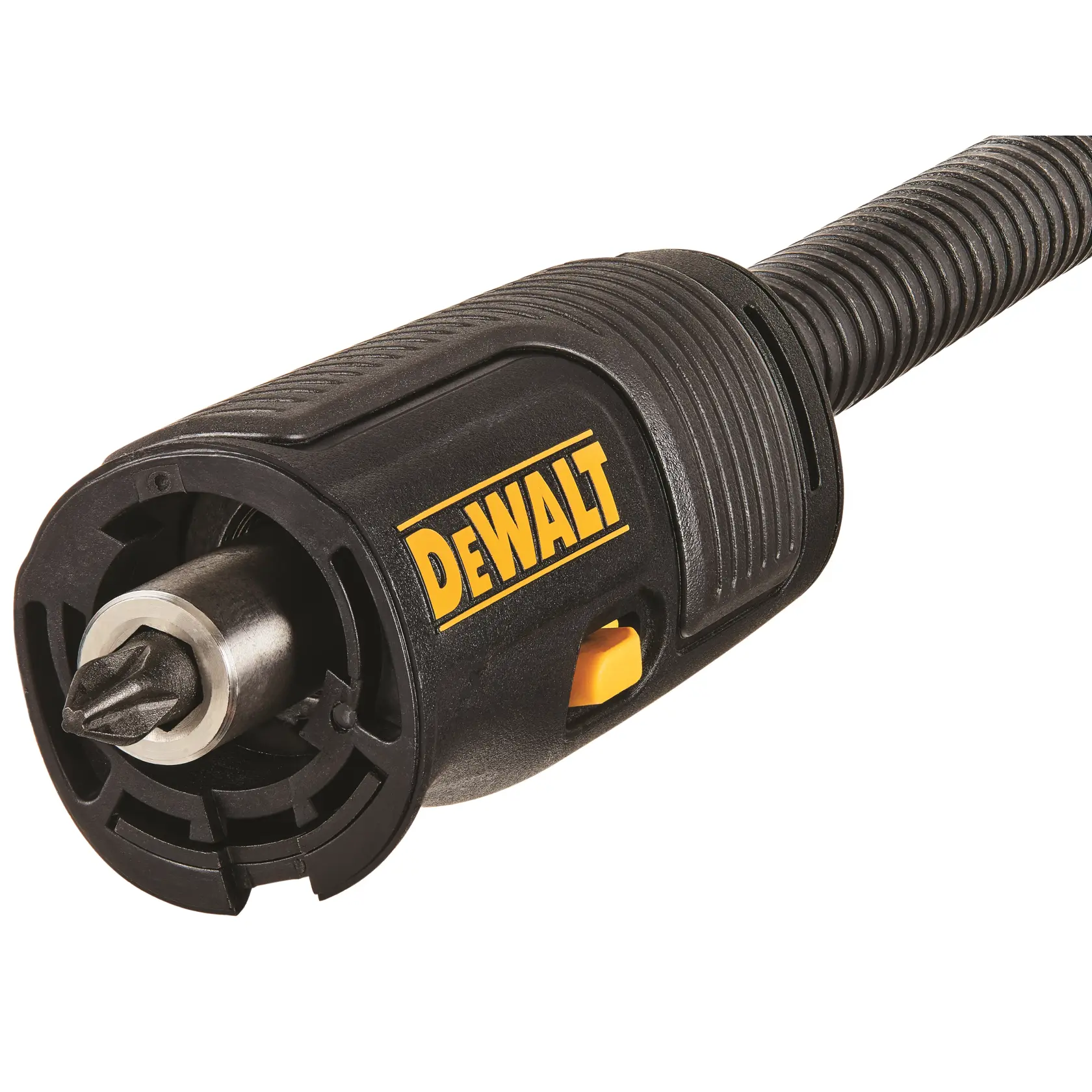 Primer plano de herramienta rotativa DEWALT con punta, diseño negro y amarillo, mango texturizado.