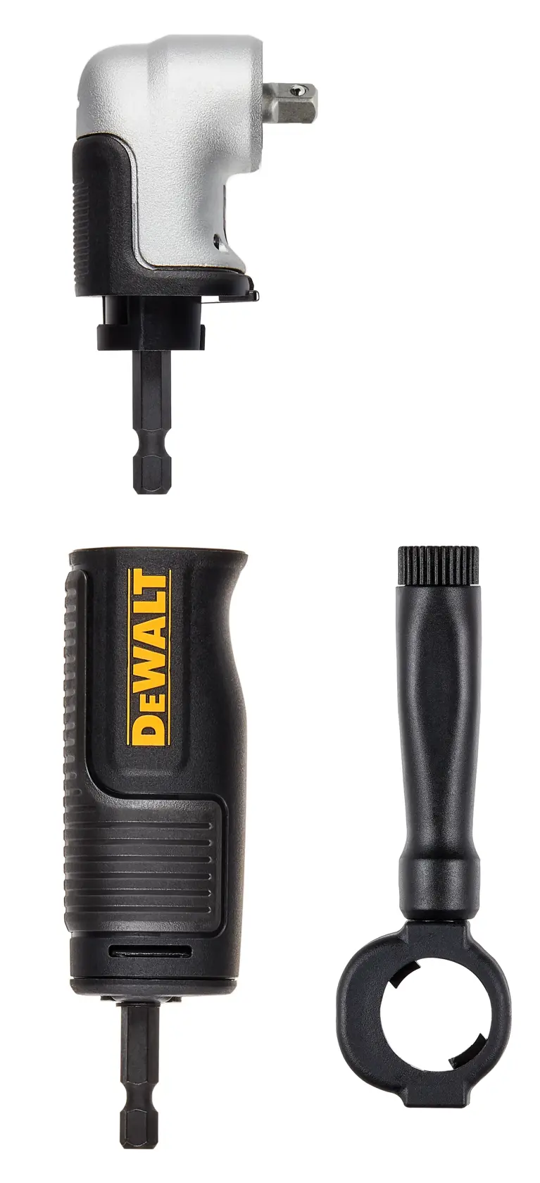 DEWALT DT20504 Eckbohr-Aufsatz Set mit Griff und Hauptteil, abgebildet auf weißem Hintergrund.