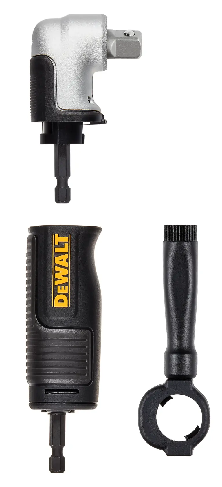 DEWALT DT20505 Winkelbohr-Aufsatz mit Griff und Halter auf weißem Hintergrund.